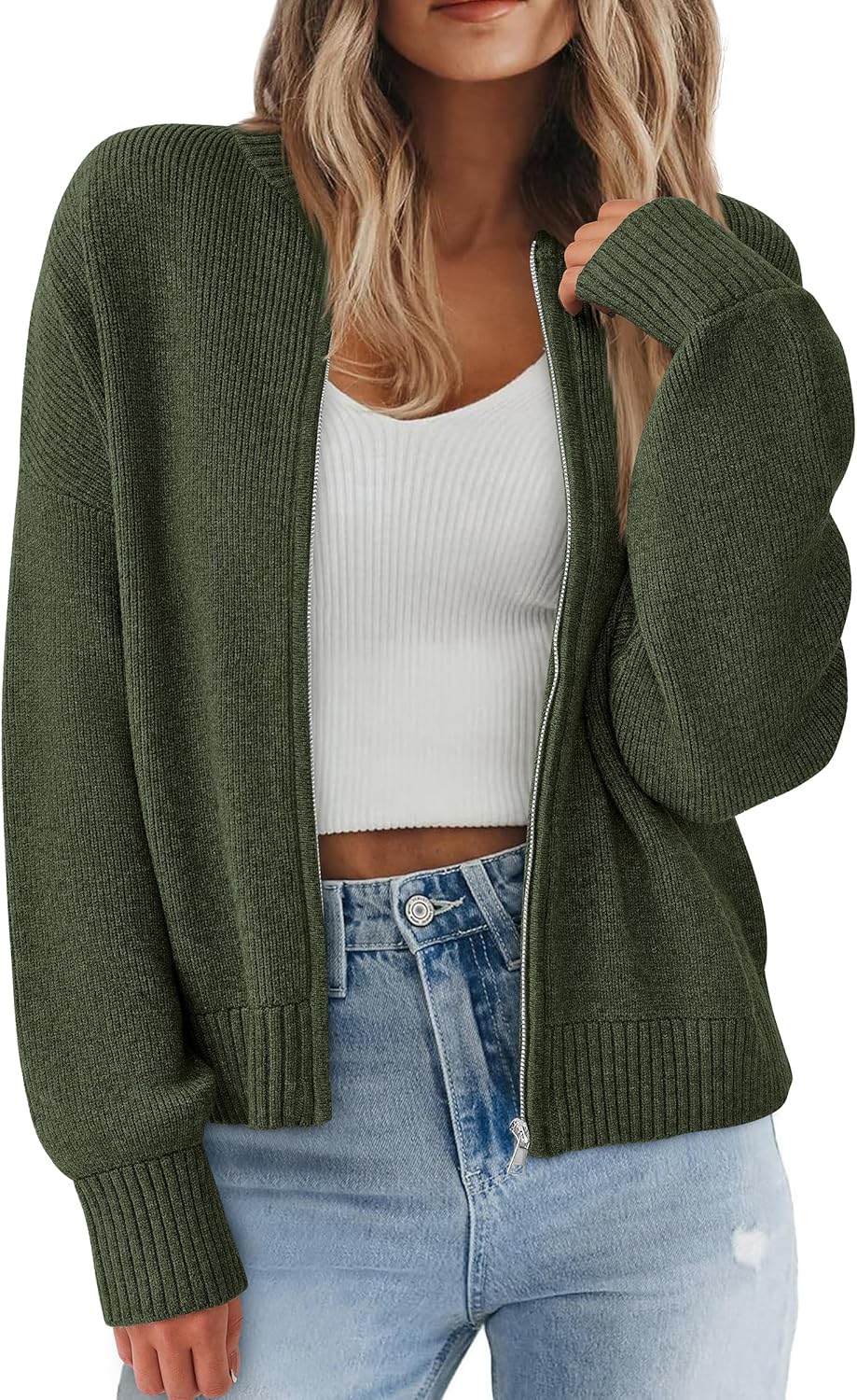 NALANISA Women's Chunky Cardigan Sweaters Spring Open Front Long Sleeve Ribbed Knit Zipper Short Cardigans Outerwear Coats