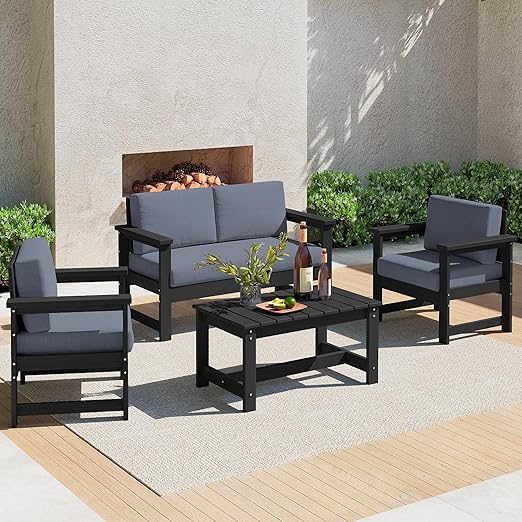 SERWALL 4 Pieces HDPE Outdoor Sofa Set with Cushion, All Weather Use Conversation Couch Set, Outdoor Loveseat Social Furniture with Coffee Table and Cushions, Black Frame with Grey Cushions