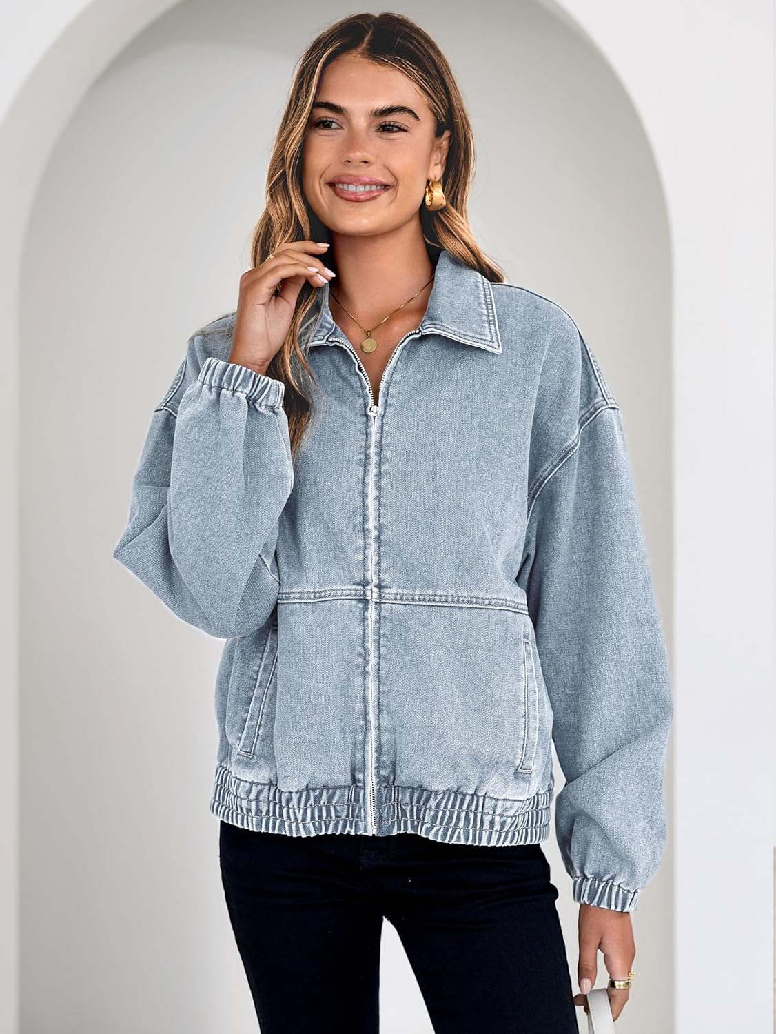 Glamaker Womens Oversized Denim Jacket Trendy Casual Zip Up Long Sleeve Loose Fit Jean Jackets Outfits Outerwear - Image 3