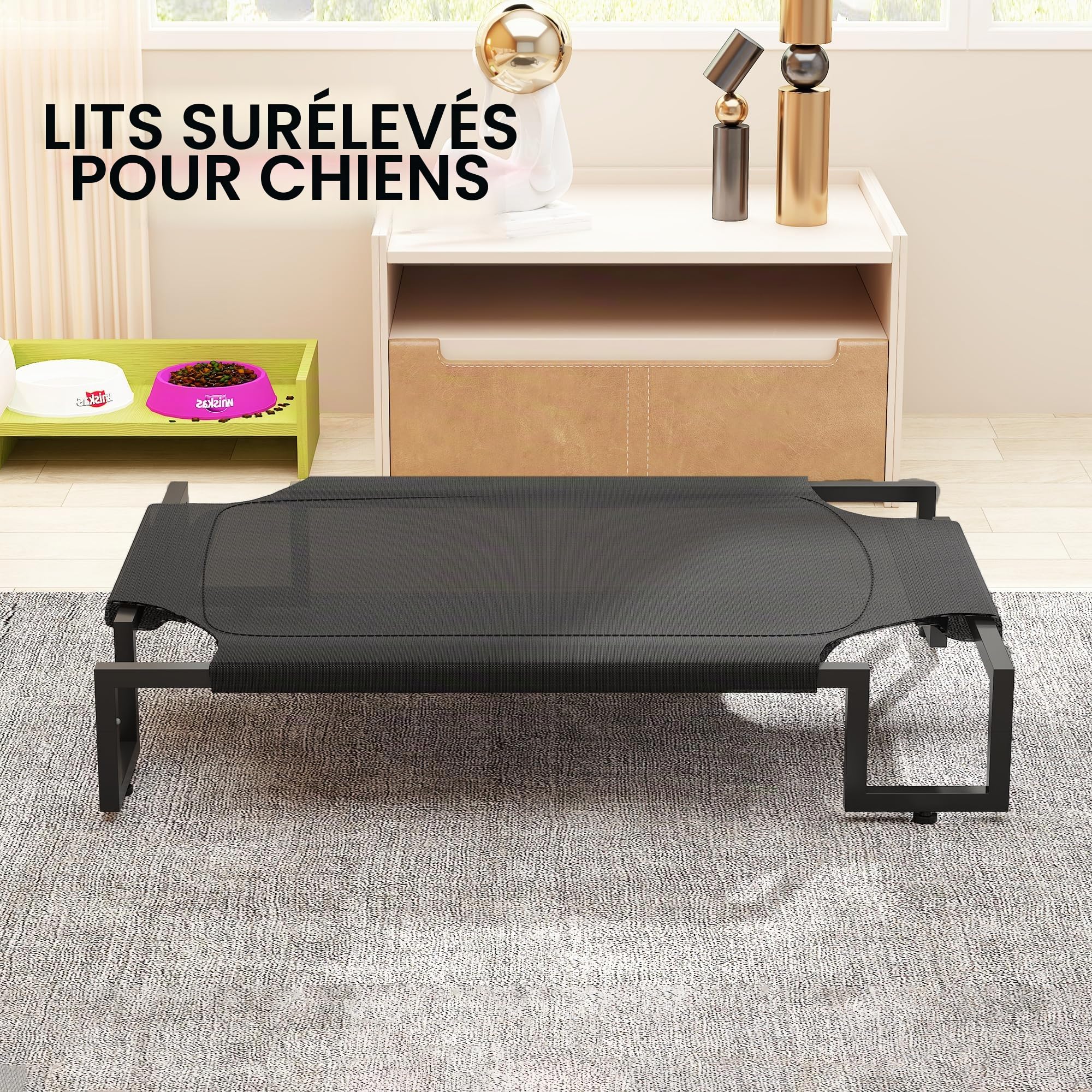 Lit pour Chien surélevé,Tapis Rafraichissant Chien,Lit Surelever de Camp pour Animaux de Compagnie Intérieur Extérieur,Panier Sureveler Chien Lavable Respirant,Cadre métallique Robuste,Noir