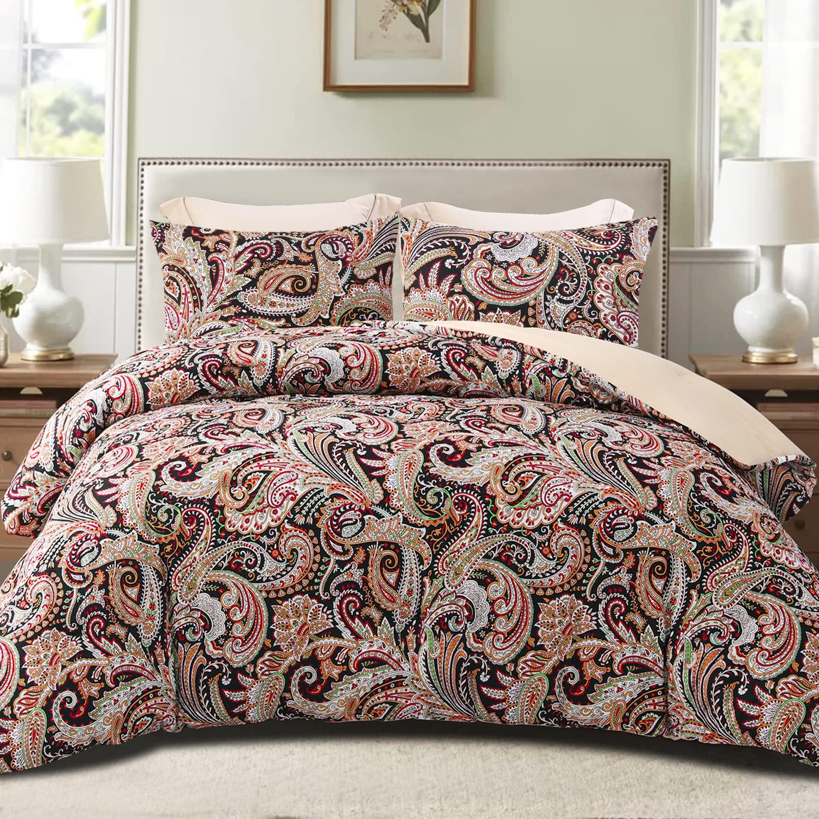 Exclusivo Mezcla Coverless Duvet Set with 2 Pillowcases, 7.5 Tog Double Size Reversible Duvet All Seasons with Paisley Pattern, Lightweight and Warm, Black and Camel