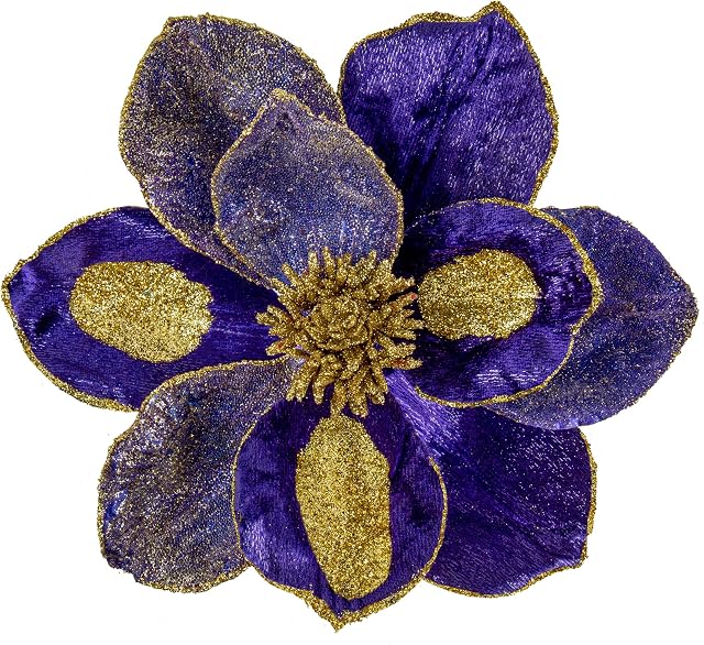 Briful 3-Pack 10" Glitter Magnolia Artificial Flower Stem Large Purple Magnolia Flowers for Christmas Tree Decorations Artificial Christmas Flowers Arrangements for Xmas Decorations