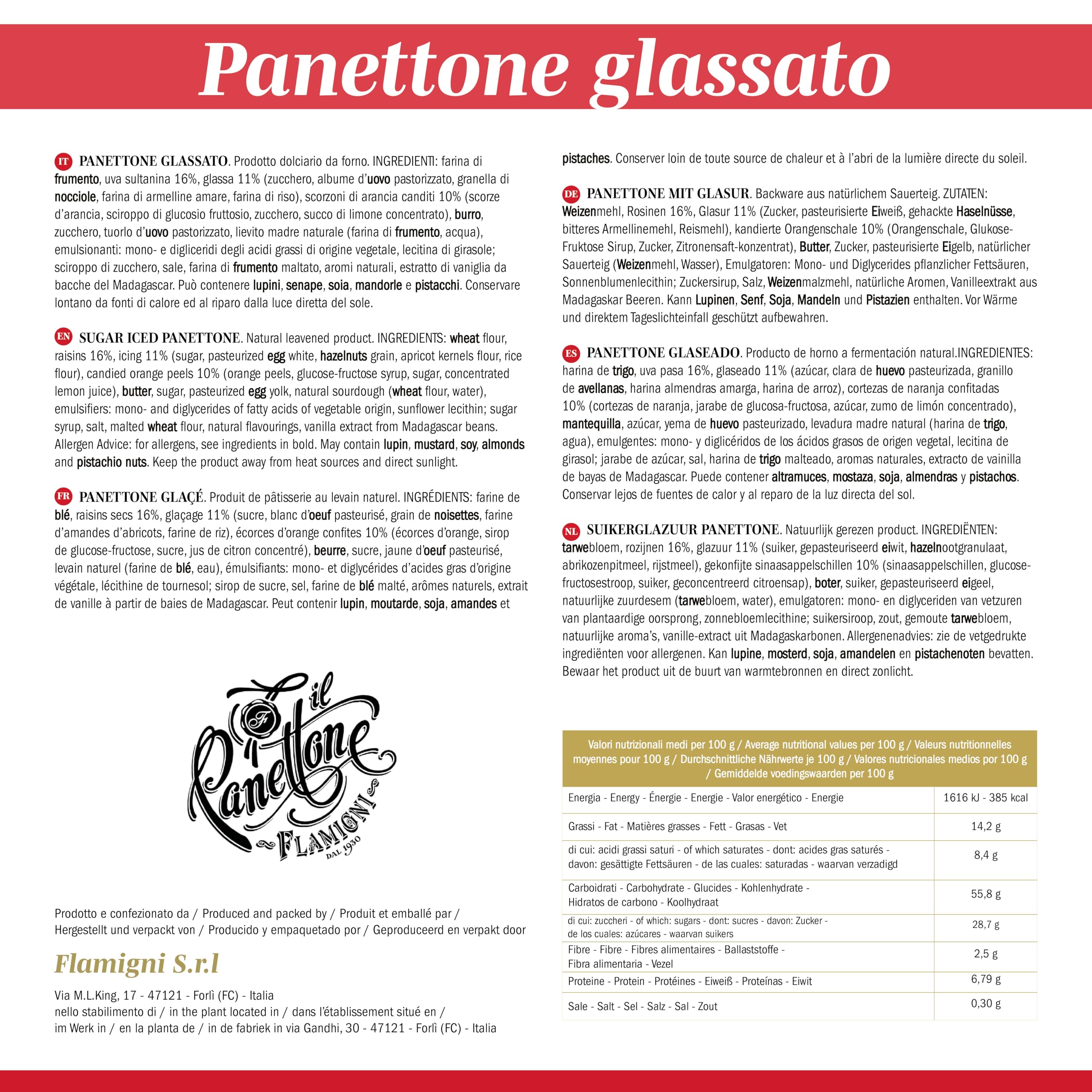 FLAMIGNI, Panettone Artesanal Glaseado Tradicional con Naranja Confitada y Pasas de Sultana, Glaseado con Azúcar, Avellanas y Almendras, Paquete con Cinta, 1 kg