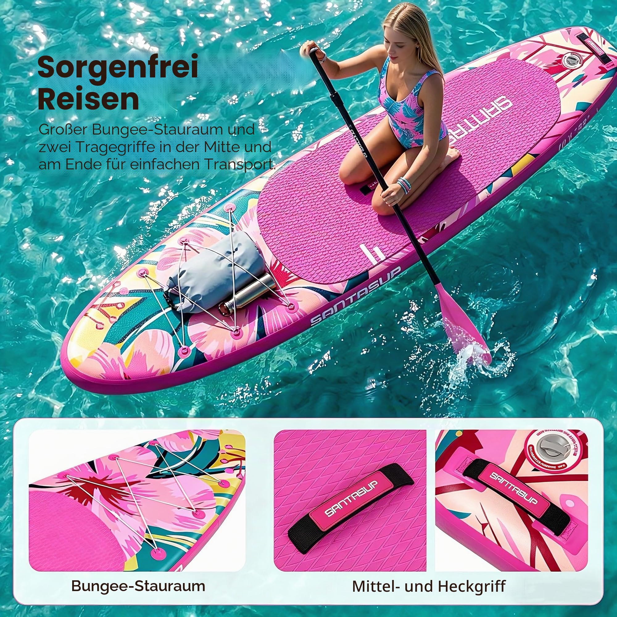 SantasupAufblasbares Stand Up Paddle Board 320/335cm Surfbrett SUP Komplettes Paddleboard Zubehör Verstellbares Paddel,Pumpe und Komplettes Zubehör SUP Board Set für Jugen und Erwachsene