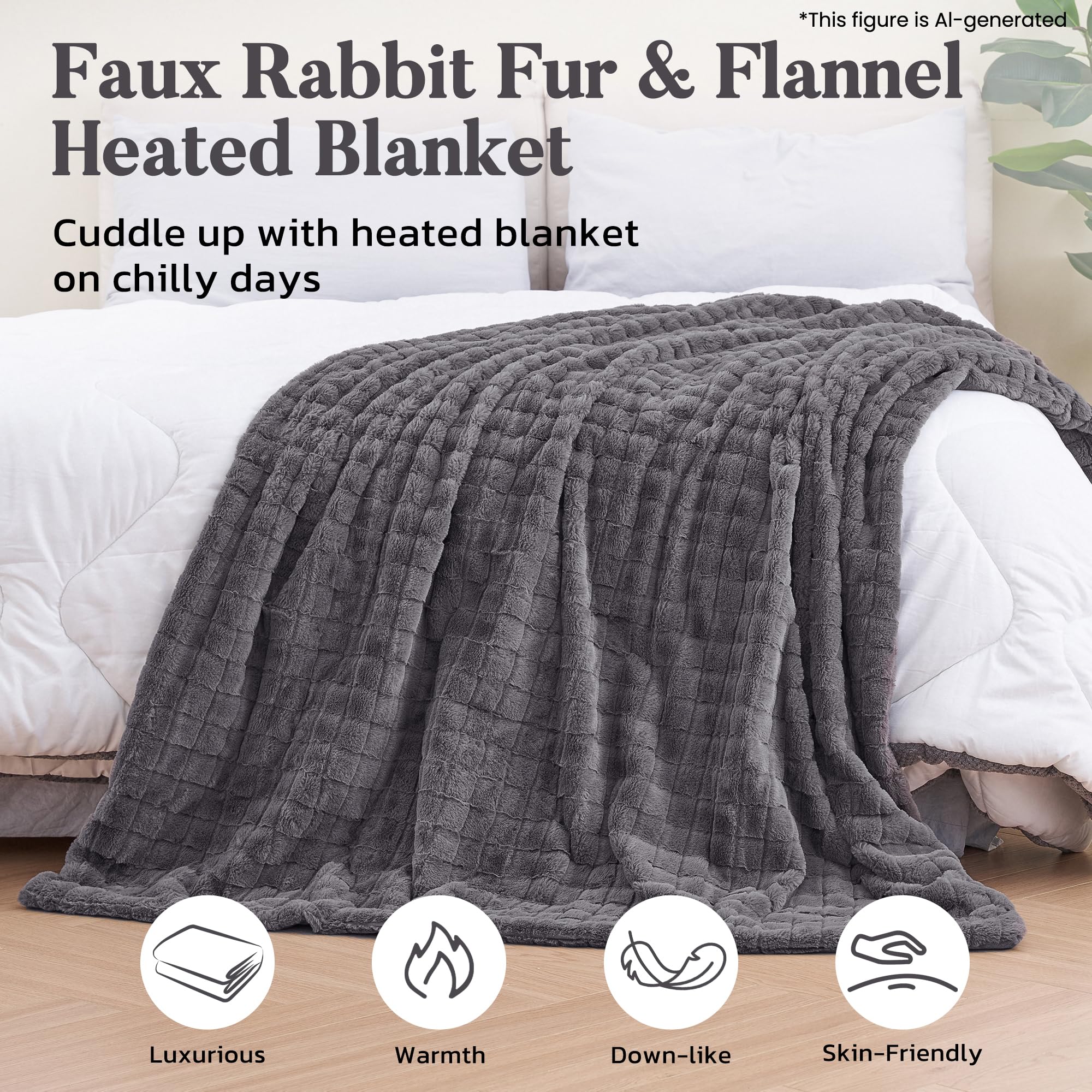 Coperta Elettrica 130x180cm, Coperta Riscaldante con Peluche Coniglio 3D e Flanella, 4 Livelli Calore, Spegnimento Automatico 10H, Lavabile in Lavatrice per Letto, Divano e Ufficio (Grigio Scuro)