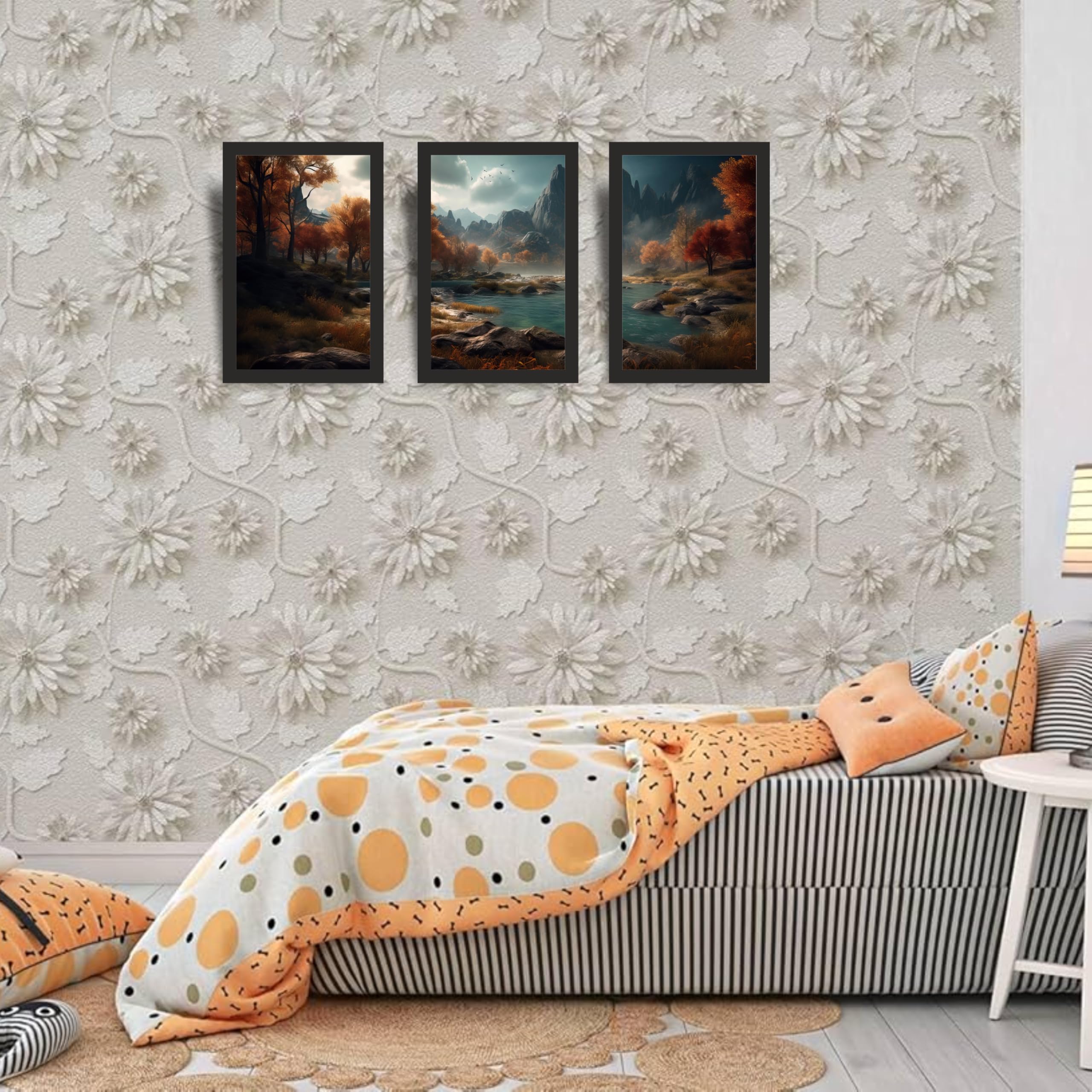 Autumn Mountain River Wall Art Frame Set of 3