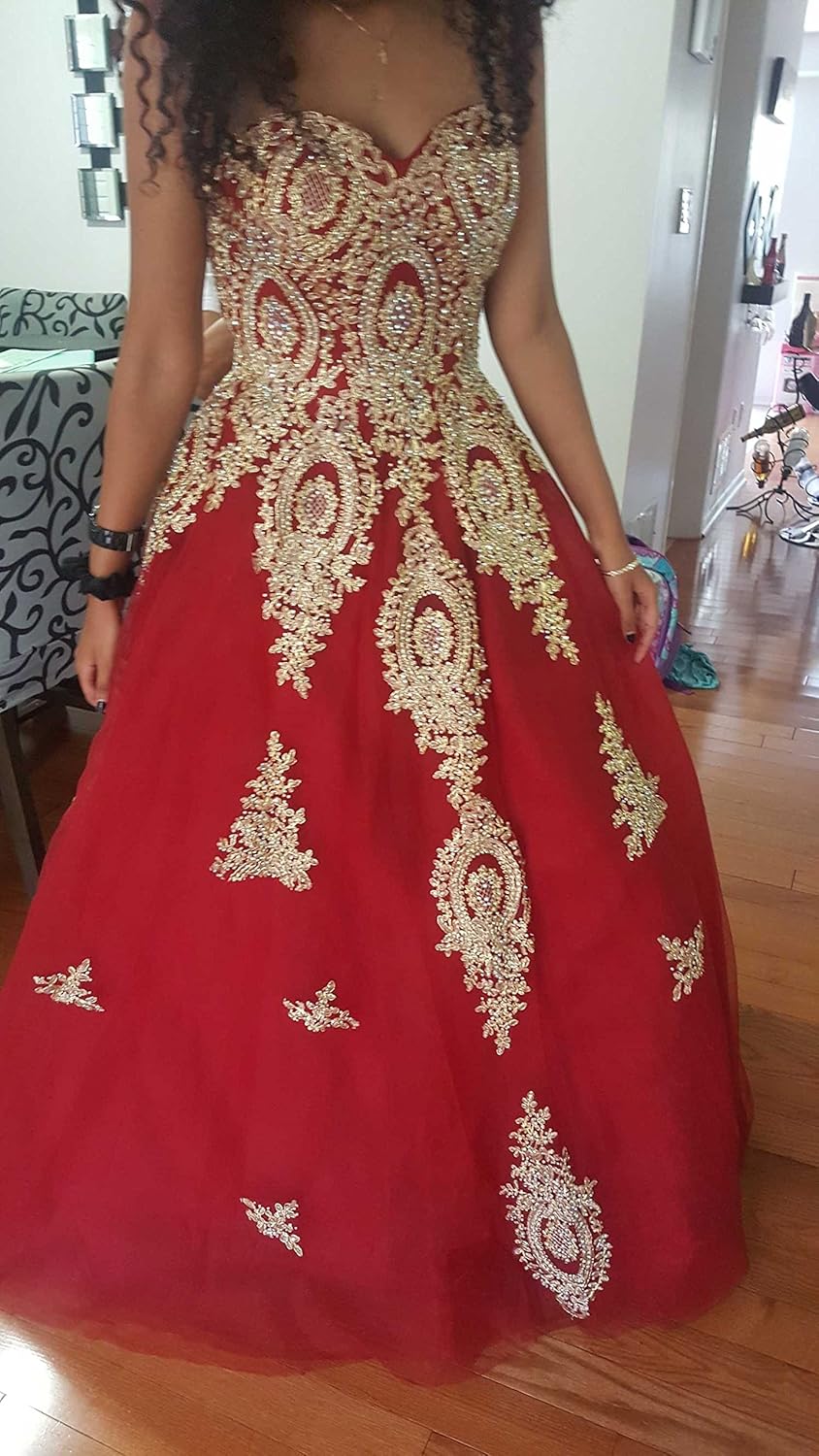 Women's Gold Lace Long Quinceanera Prom Ball Gown Wedding Dresses