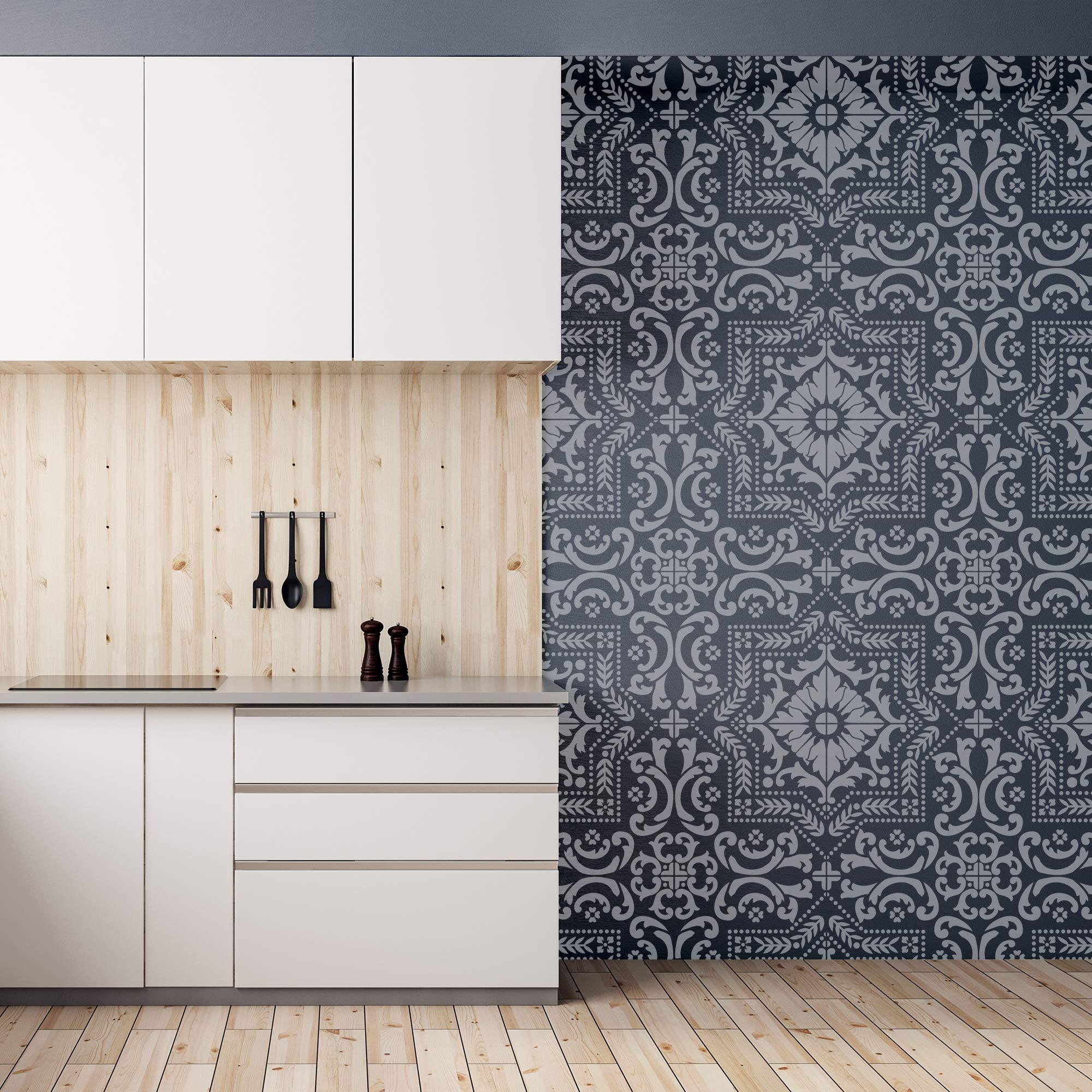 NAKLEO Tile Painting Stencil 7,9”x7,9”, Pinela Spanish Moorish Flower Moroccan, Plastic Reusable Template, Home Decor Craft DIY, Floor Concrete Patio Wall - Terracotta