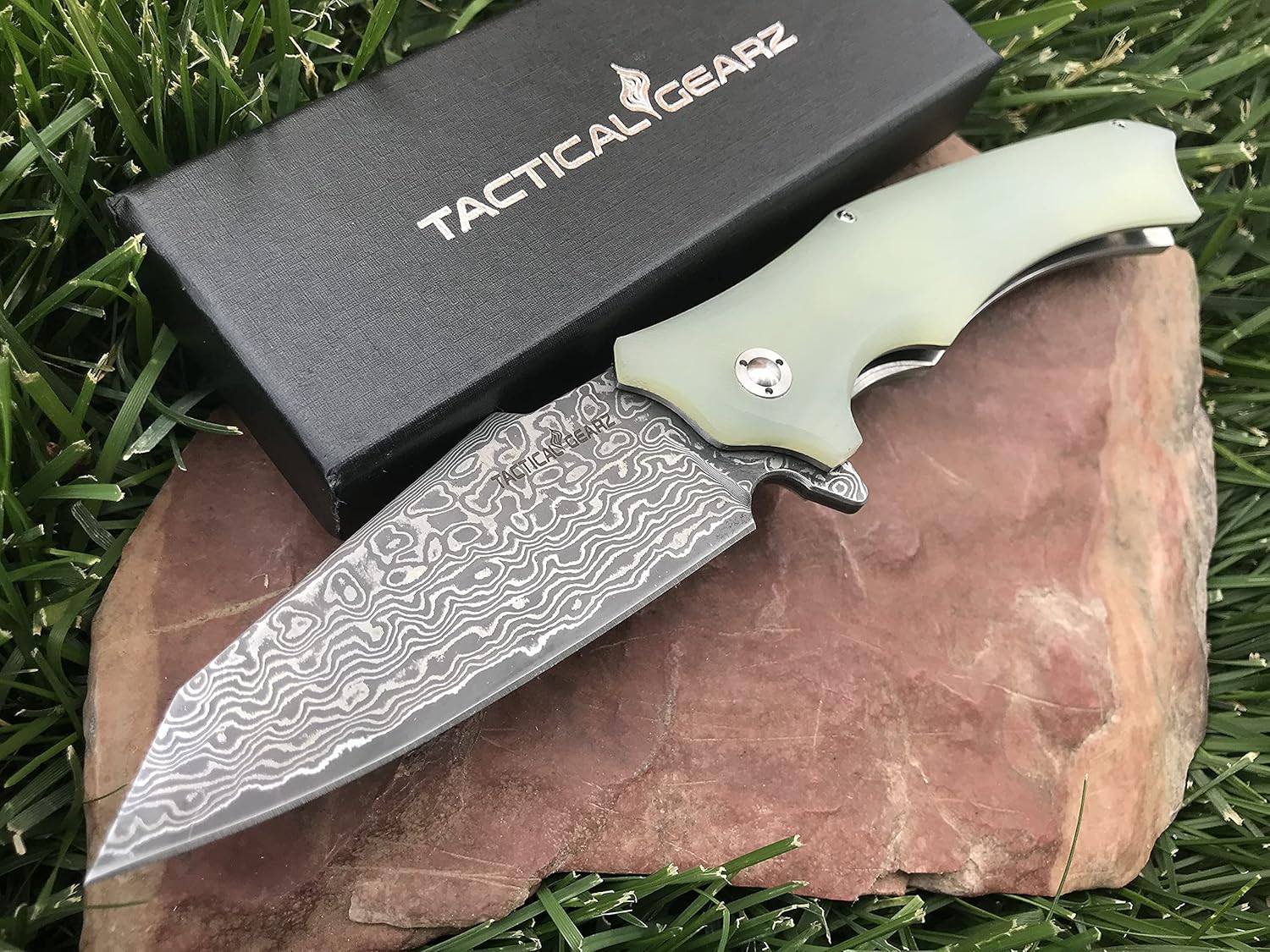 TACTICAL GEARZ Damascus Pocket Knife, G10 Handle, 67 Multi Layered Damascus Steel Blade & VG10 Core, Includes Sheath (Vex XT Saffron)