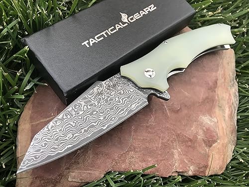 TACTICAL GEARZ Cuchillo de bolsillo Damasco G10, Vex XT! Mango G10! Hoja gruesa de Damasco, núcleo VG10 con 67 capas. Sistema de pivote de