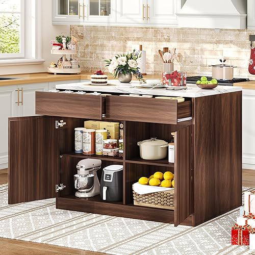 Kitchen Island with Storage, 47.2" Large Faux Marble Countertop Kitchen