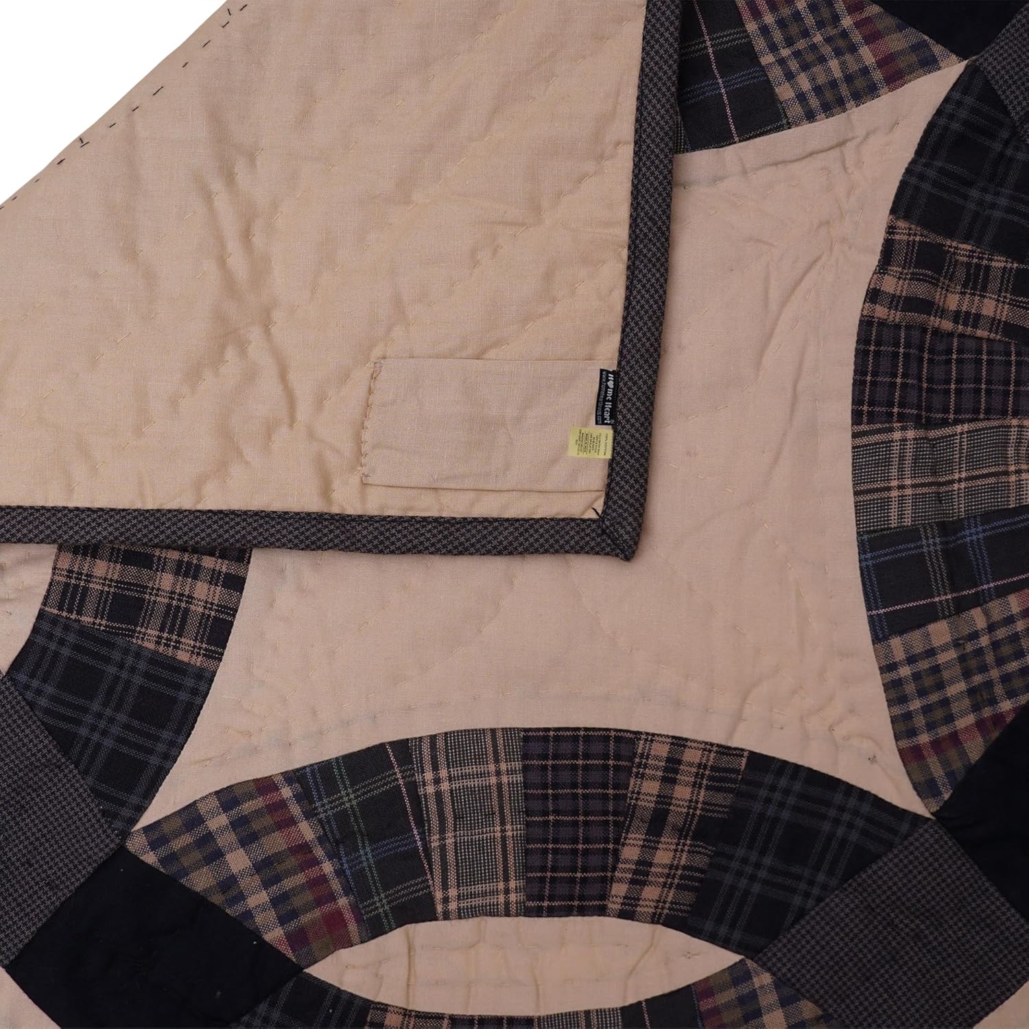 HOME HEART Wedding Ring Country Plaid Quilt 19"x19" Cotton Square Wall Hanging Block Rod Pocket Patchwork Hand Quilted Small Quilt