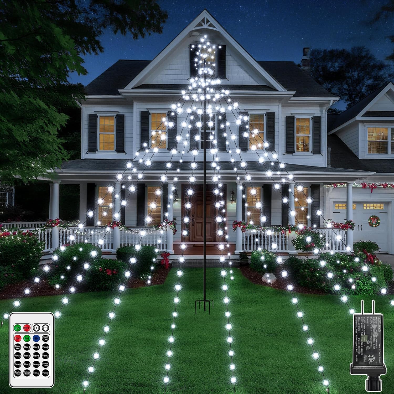 Christmas Tree Lights 340LED with Topper Star, IP67 Waterproof Remote Control Waterfall Lights with Pole, 16 Modes 3 Timers Dimmable Christmas Decorations for Outdoor Yard (White)