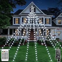 Vista 9 de Luces de árbol de Navidad Ccinny 340LED con estrella superior, luces de cascada con control remoto impermeable IP67 con poste, 16 modos, 3