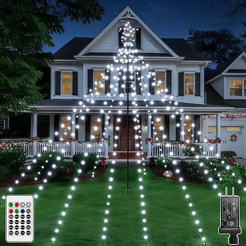 Miniatura 9 de Luces de árbol de Navidad Ccinny 340LED con estrella superior, luces de cascada con control remoto impermeable IP67 con poste, 16 modos, 3