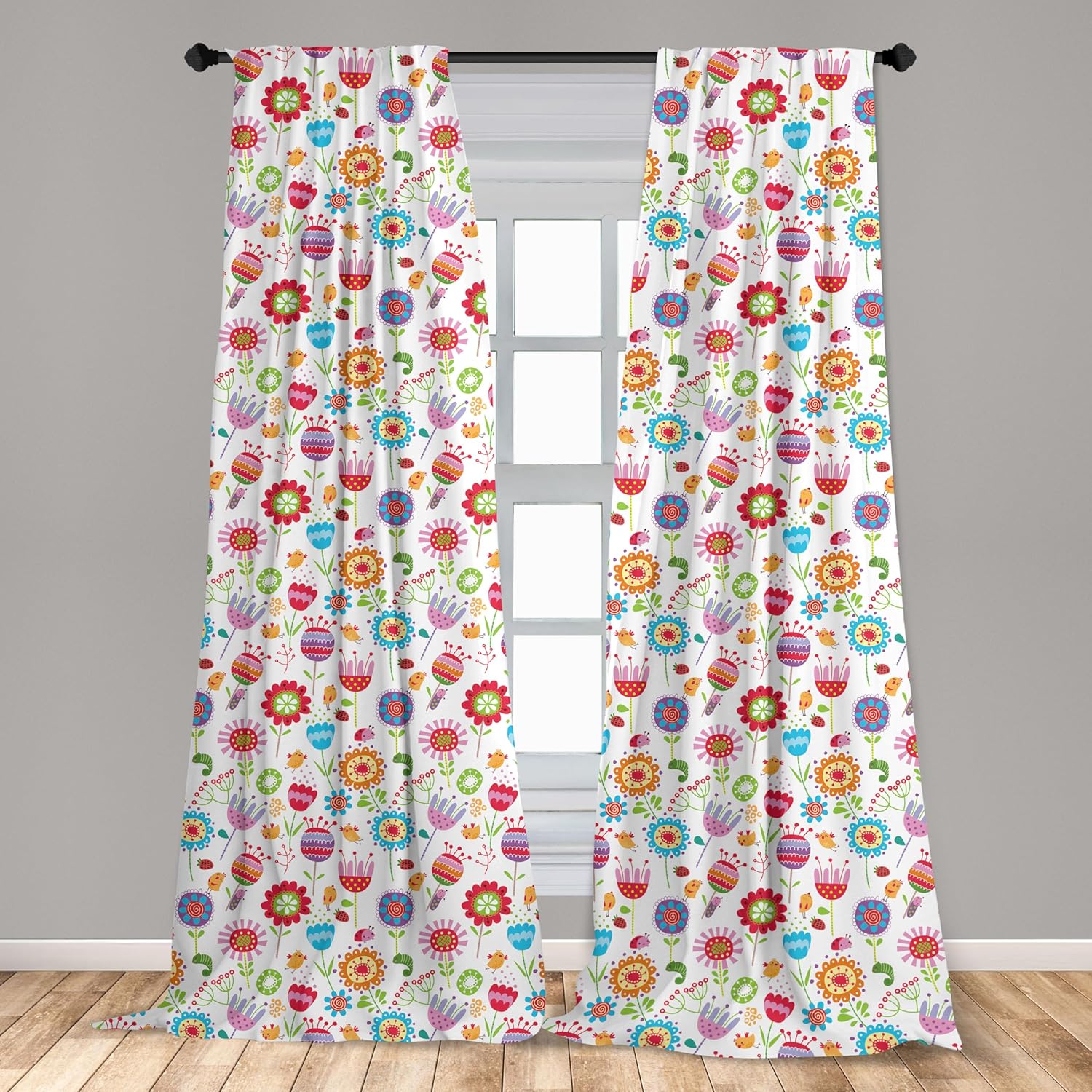 Ambesonne Flower Window Curtains, Playful Garden Colorful Meadow with Blossoming Flowers Strawberries Birds Animals, Lightweight Decor 2-Panel Set with Rod Pocket, Pair of - 28" x 95", Red Green