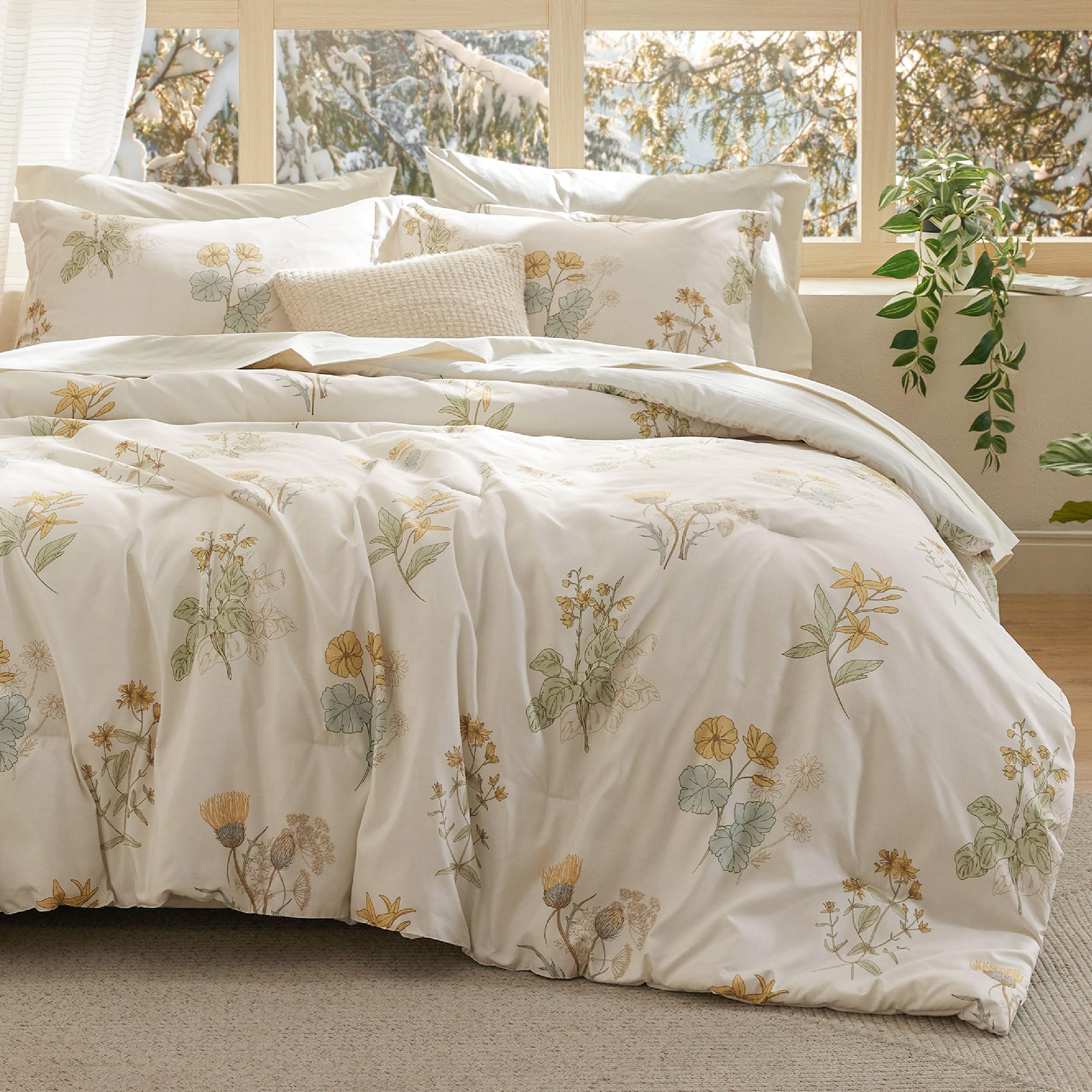Bedsure Bed in a Bag Queen Size 7 Pieces - 100% Cotton Sheet and Polyester Bedding Comforter Sets, Soft Cute Floral Bed Set with Botanical Flowers Comforter, Cotton Sheets, Pillowcases & Shams, Beige