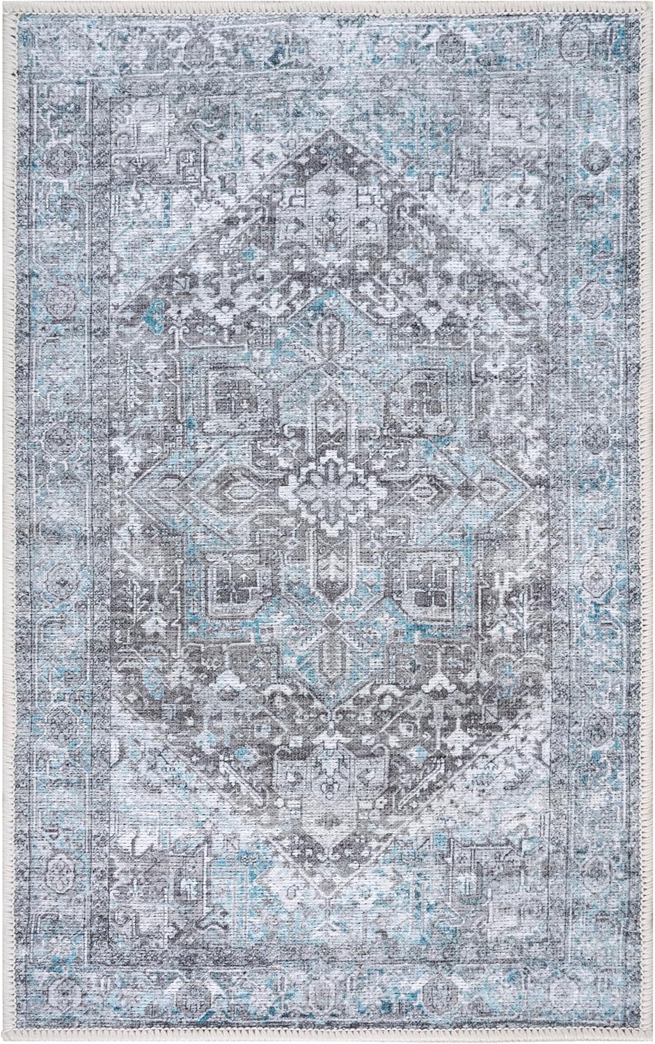 GLN Rugs Vintage Collection - Machine Washable Area Rug, Vintage Washable, Non Slip, Low Pile Rug, Living Room, Bedroom, Bathroom Rug - Easy Clean (2'x3' Blue and Gray)