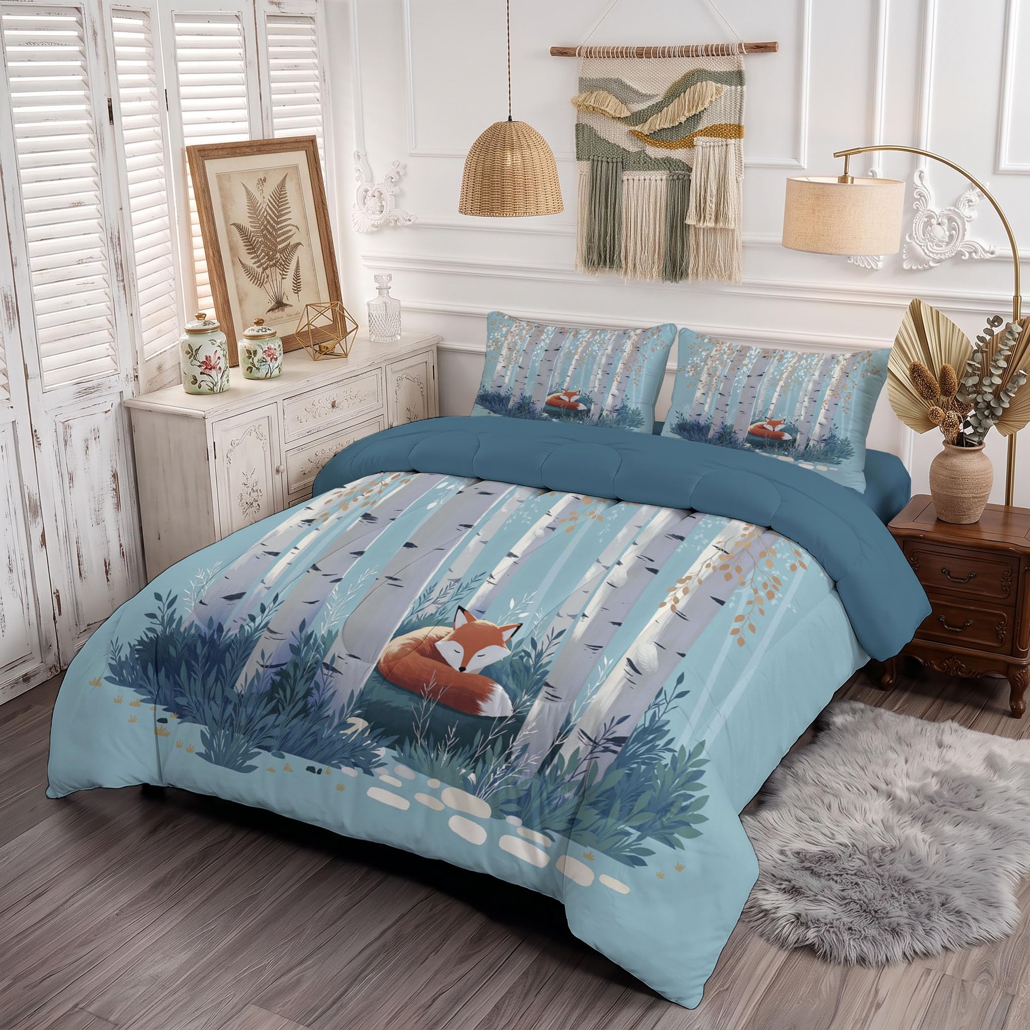 Juego de Edredón Infantil 200x200cm con Almohada para Cama 105 – Relleno Nórdico Bosque De Zorros Edredones Bosque De Abedules En Acuarela 4 Estaciones Nórdico Conforter, Lavable a Máquina, Azul Claro