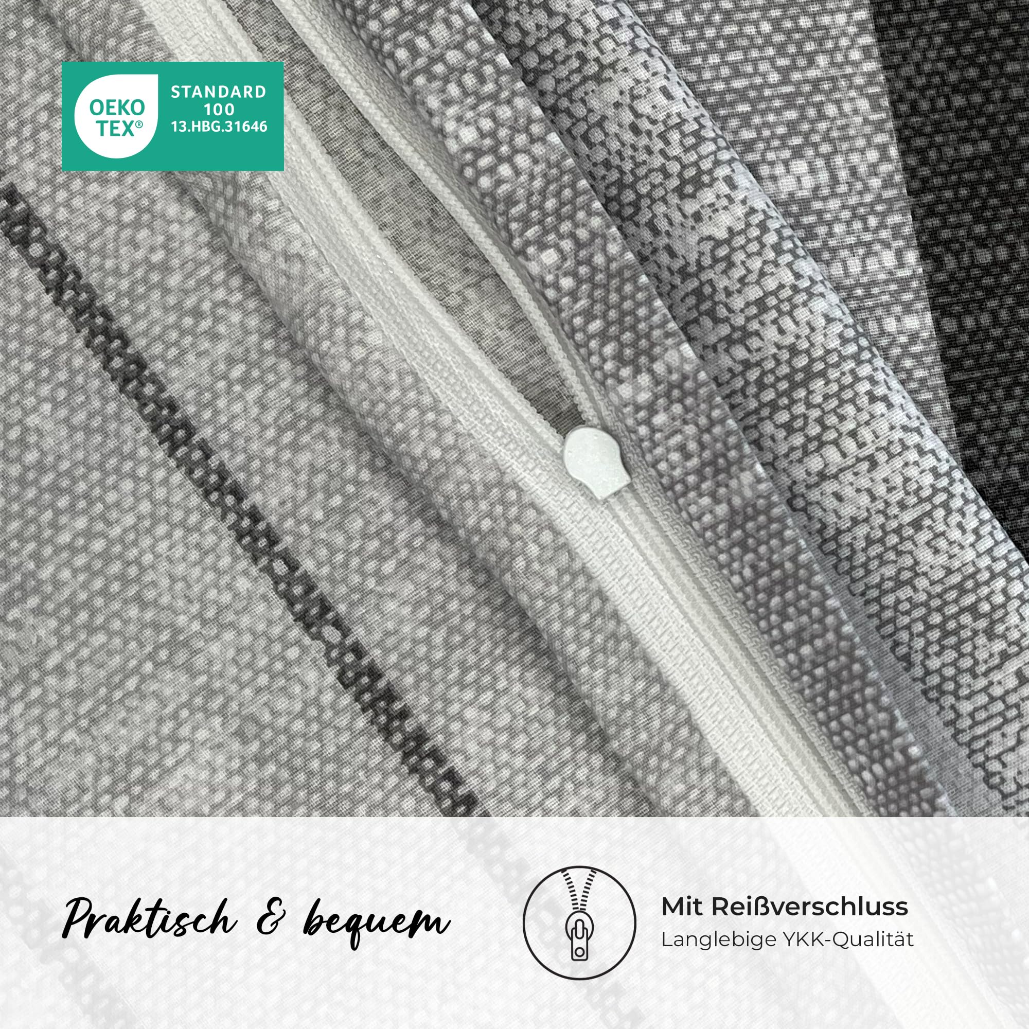 Pościel premium 135 x 200 – 100% bawełna, certyfikat Öko-Tex, Renforcé oddychająca i antyalergiczna, z zamkiem błyskawicznym, 2-częściowa poszewka na poduszkę 80 x 80 cm, szara, biała