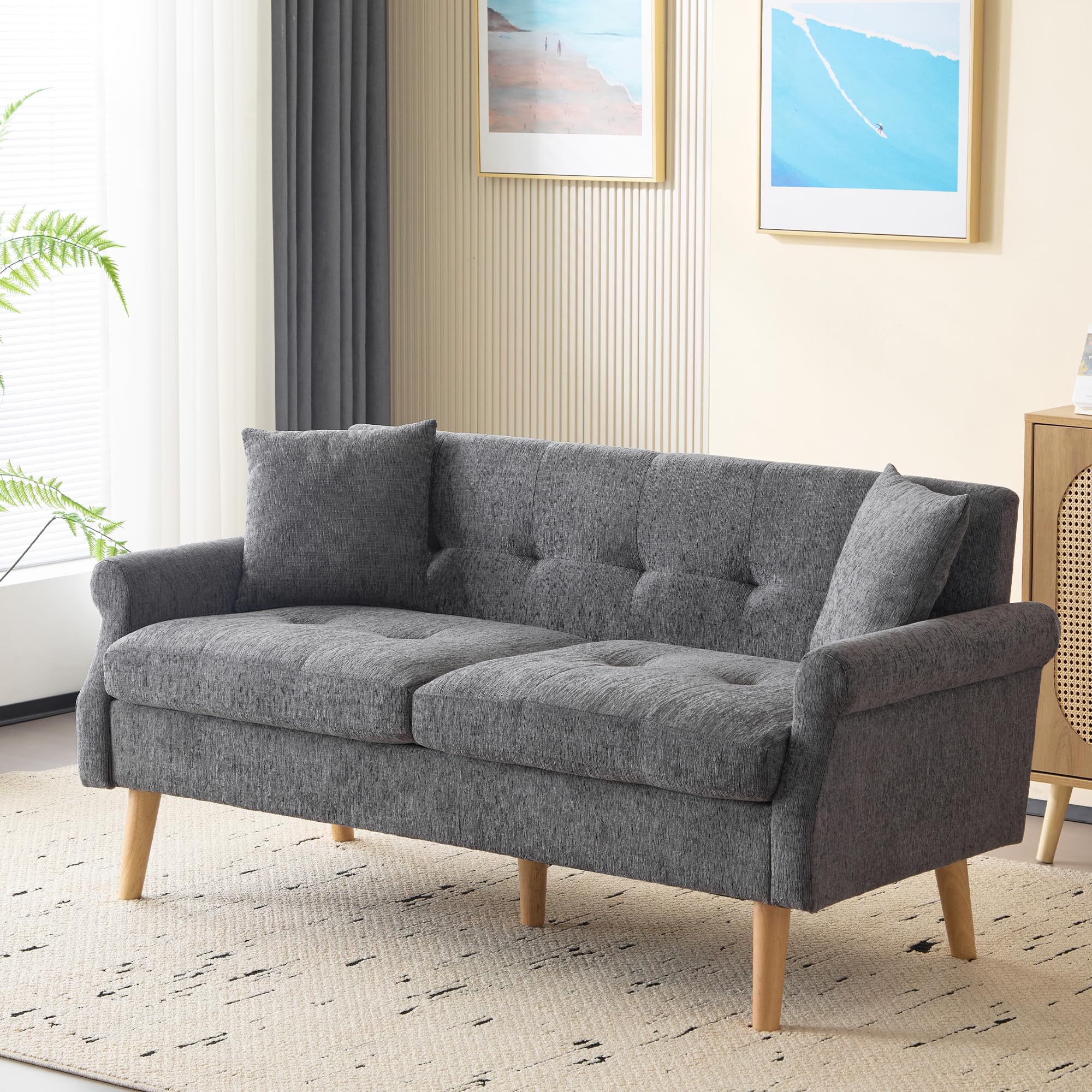 Modern Sofa mit Dicken Kissen, Doppelsofa mit Sofa-Beine aus Massivholz, Loveseat für Wohnzimmer, Schlafzimmer, Wohnung usw. Chenille, Grau-A, 162x74x77 cm