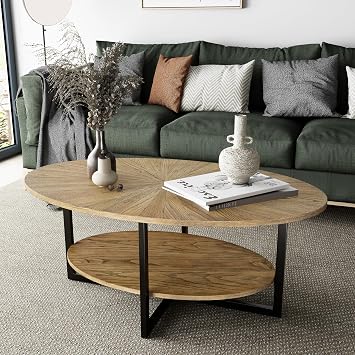 Solid Wood Oval Coffee Table, Industrial 2-Tier Center Table with Storage Shelves, Tea Desk with Metal Legs, Wooden Accent Sofa Side Table for Living Room,Bedroom Apartment, Home Office Natural Color