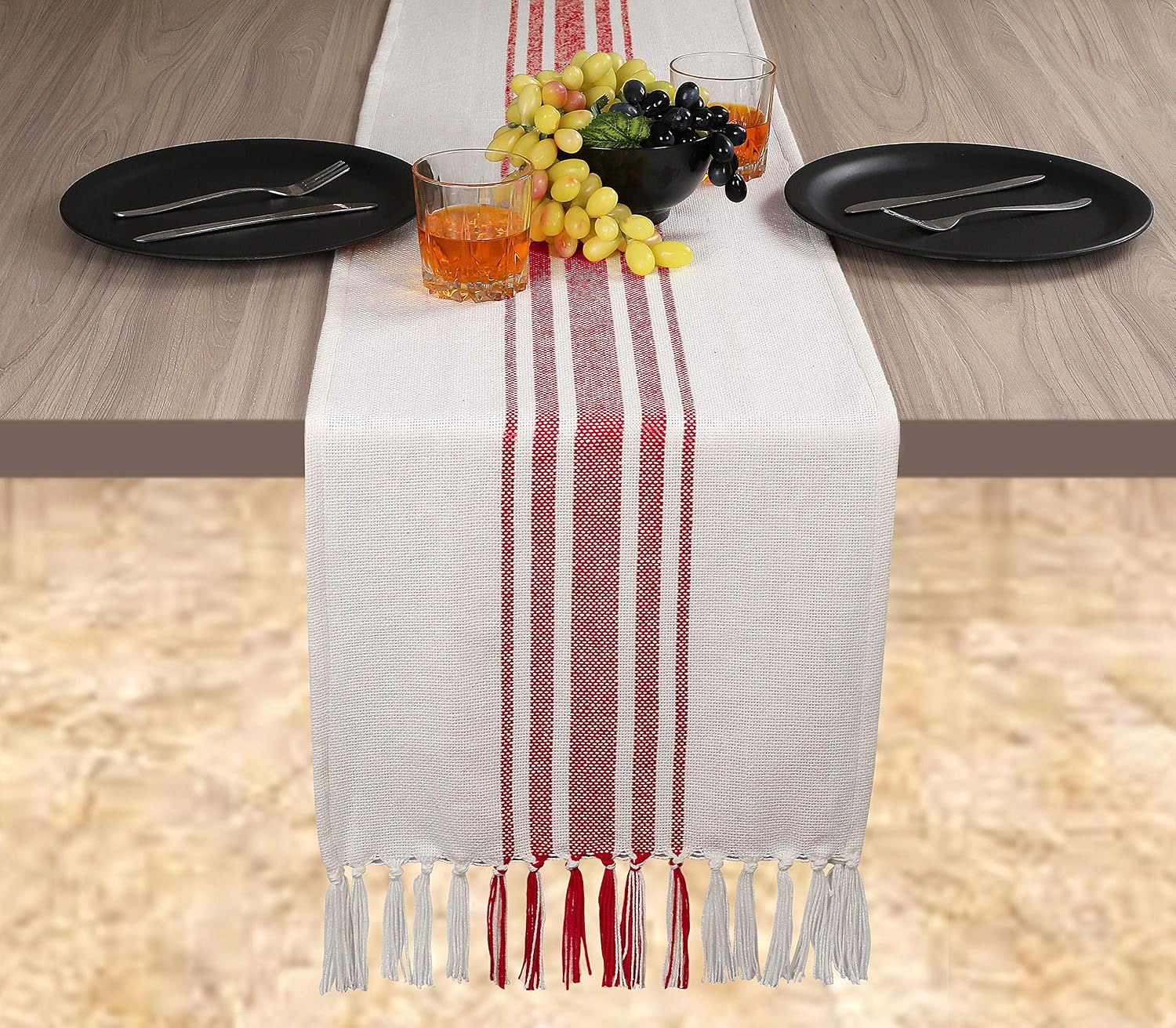 Native Fab Pure Cotton Table Runner Farmhouse 72 Inches Long - Wedding Table Runners with Fringes, Parties Rustic Bridal Shower Decor Dining Table Runners 14x72 Red White