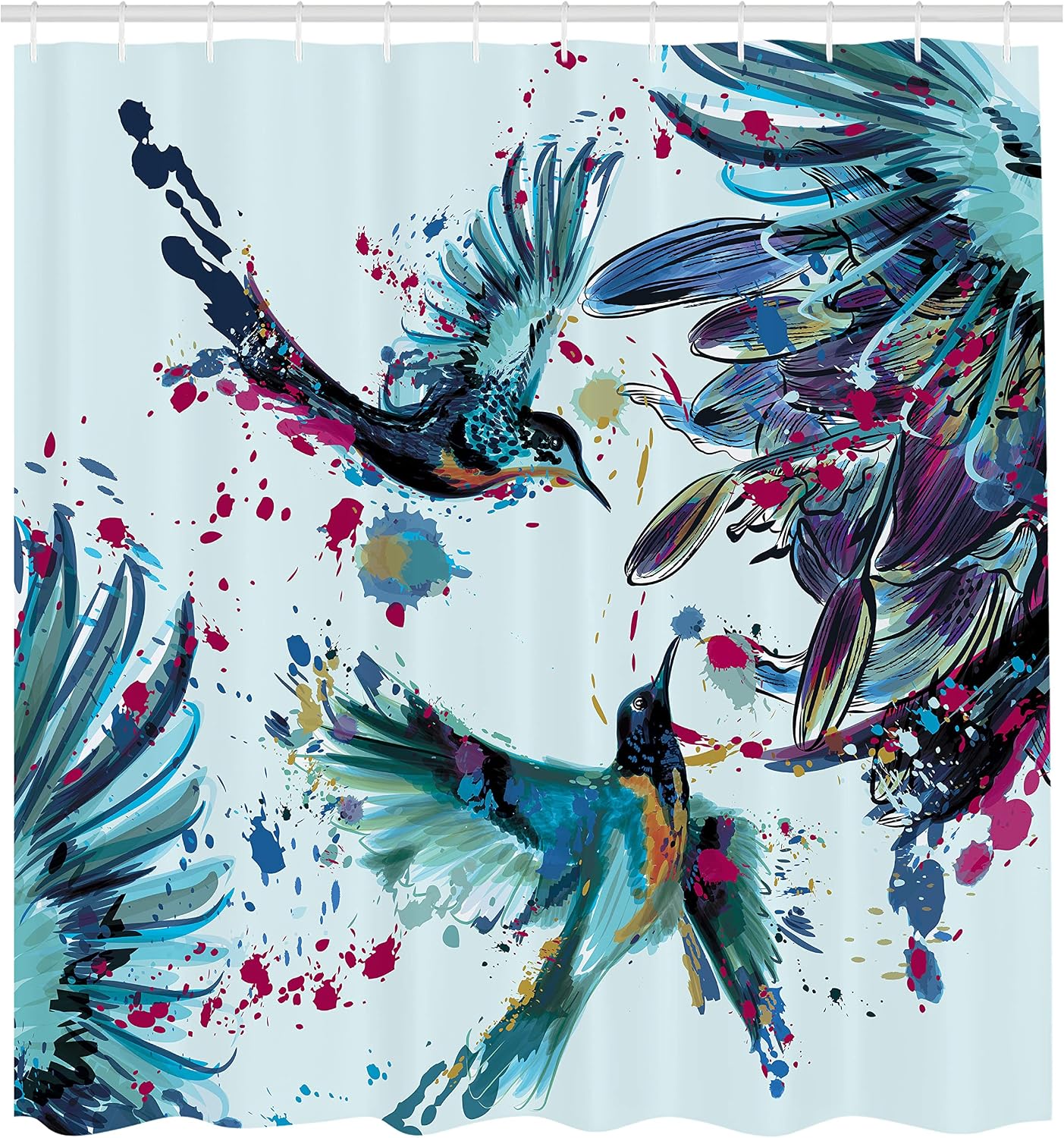 Ambesonne Hummingbird Shower Curtain, Art Lily Flowers Birds and Color Splashes in Watercolor Painting Style, Cloth Fabric Bathroom Decor Set with Hooks, 69" W x 70" L, Almond