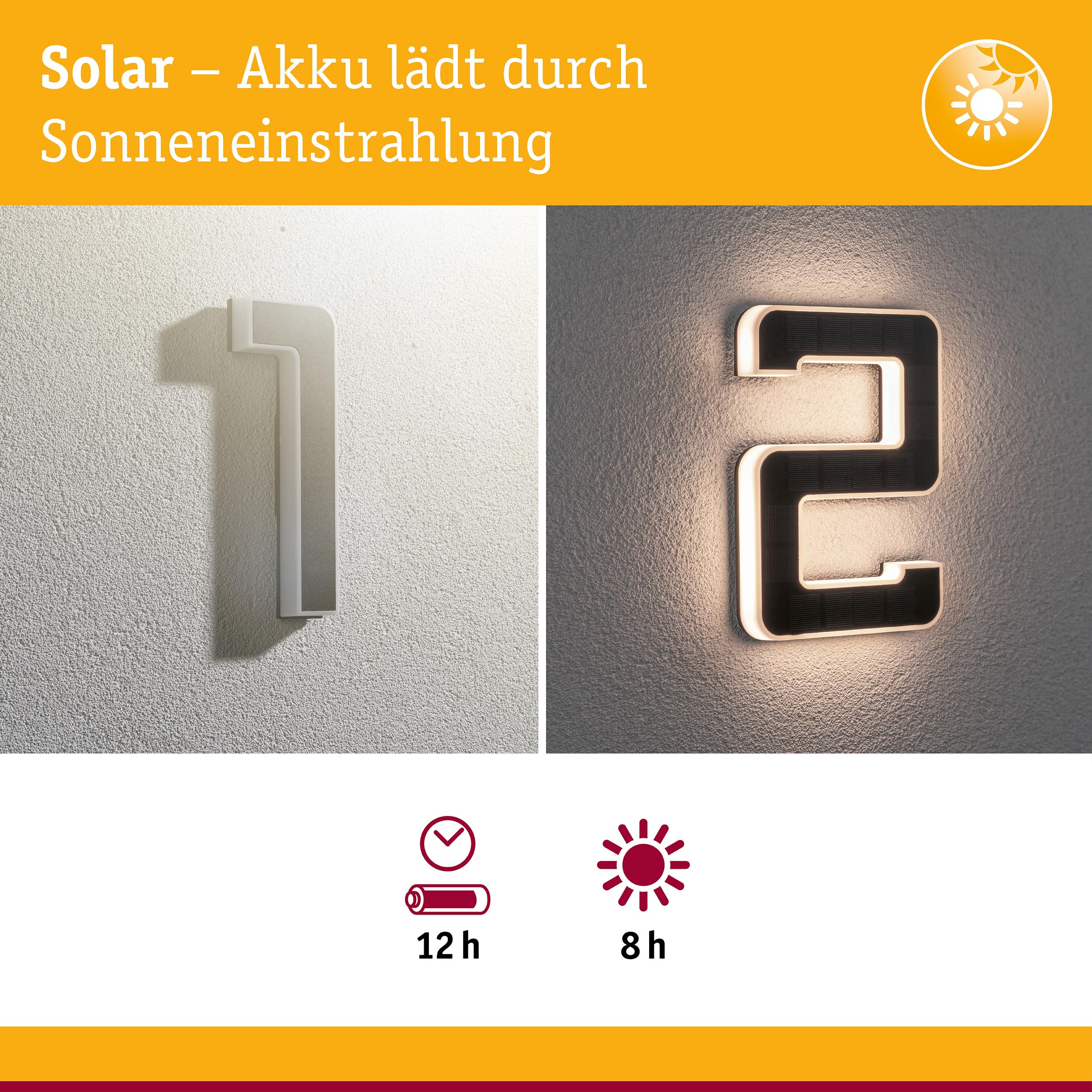 Paulmann 5292 Set Solar LED Hausnummernleuchte inkl. wechselbarer Akku Nummer 12 3000K 2x6lm 2x0,2W Schwarz