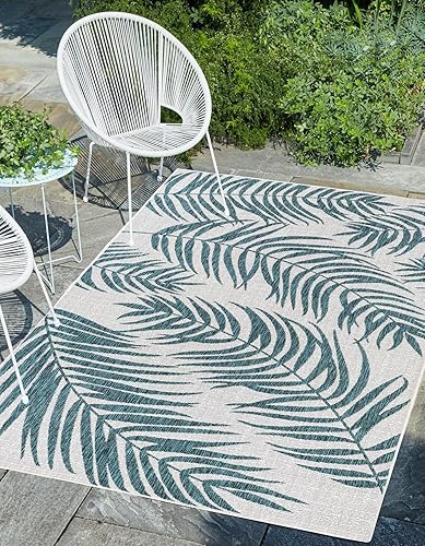 Unique Loom - Tapete de la colección Outdoor Botanical, diseño de palmera (7.1 pies x 10 pies, rectangular, color verde azulado y marfil)