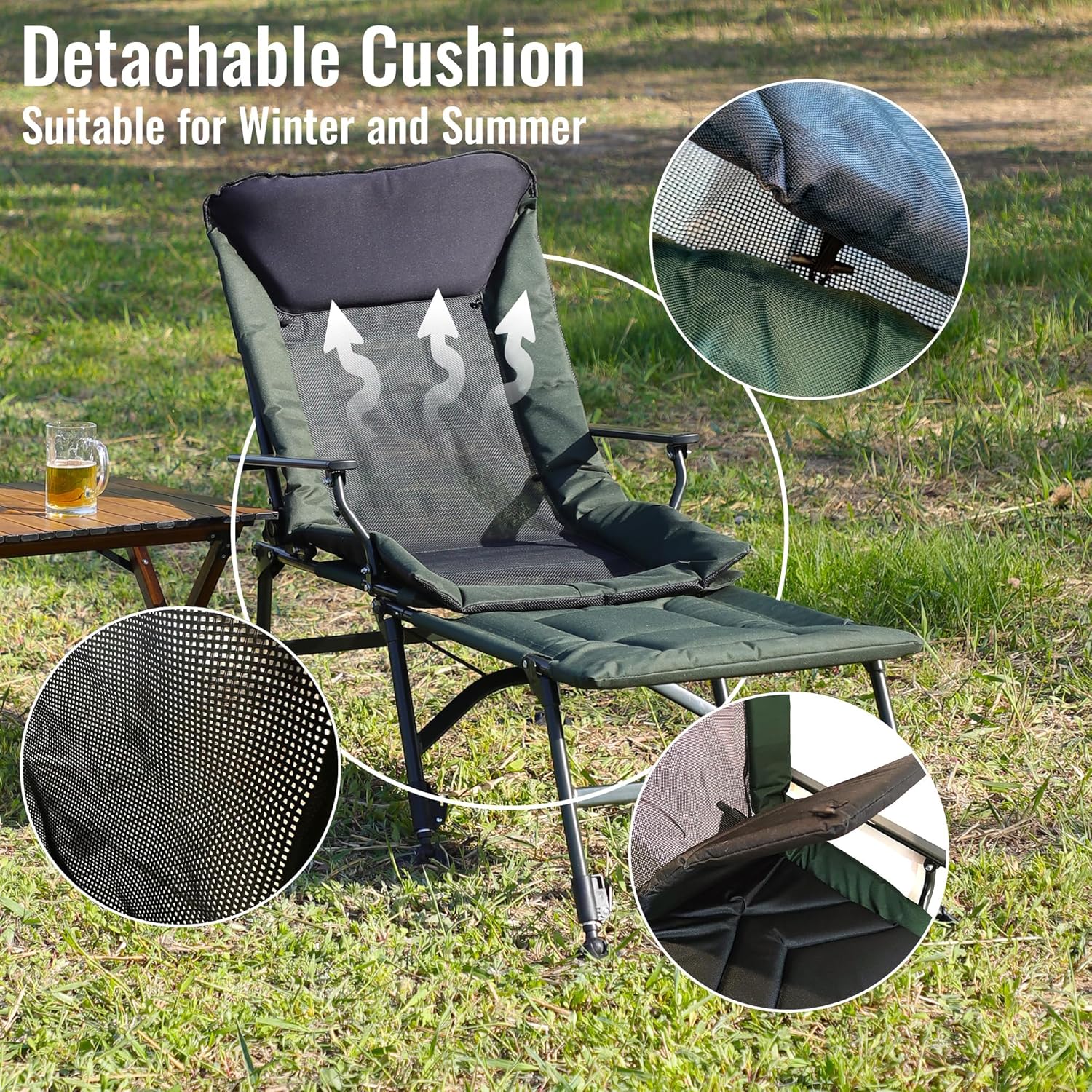 Homy Casa Camping Lounge Chair, Portable Folding Reclining Camping Chair with Adjustable backrest for Indoor and Outdoor Beach Hiking Fishing (Black, 55.91 * 23.23 * 34.25IN)