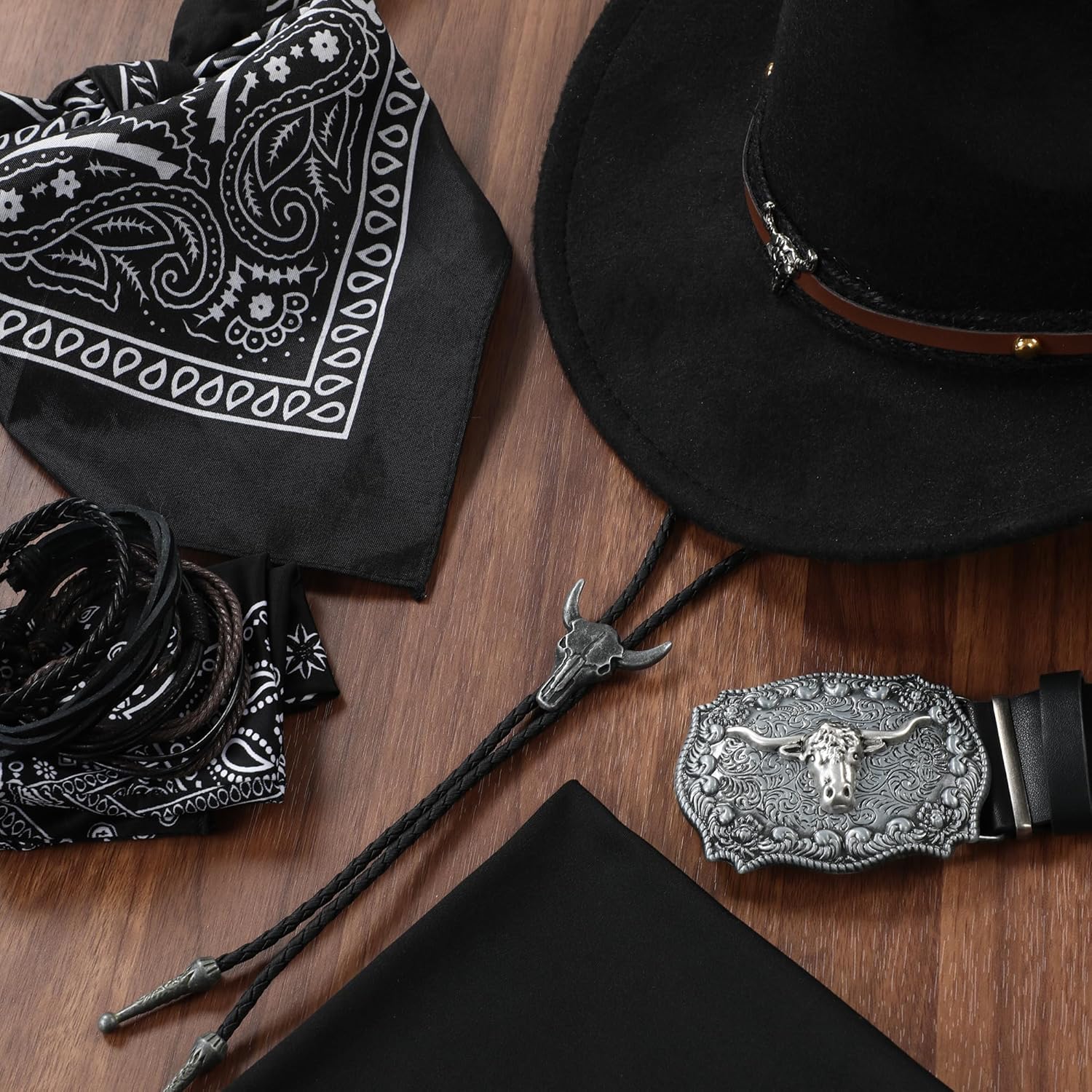 8 PCS Western Cowboy Costume Outfit for Men Cowboy Hat Belt Neck Gaiter Face Cover Accessories for Halloween Party Cosplay (Black) - Image 2