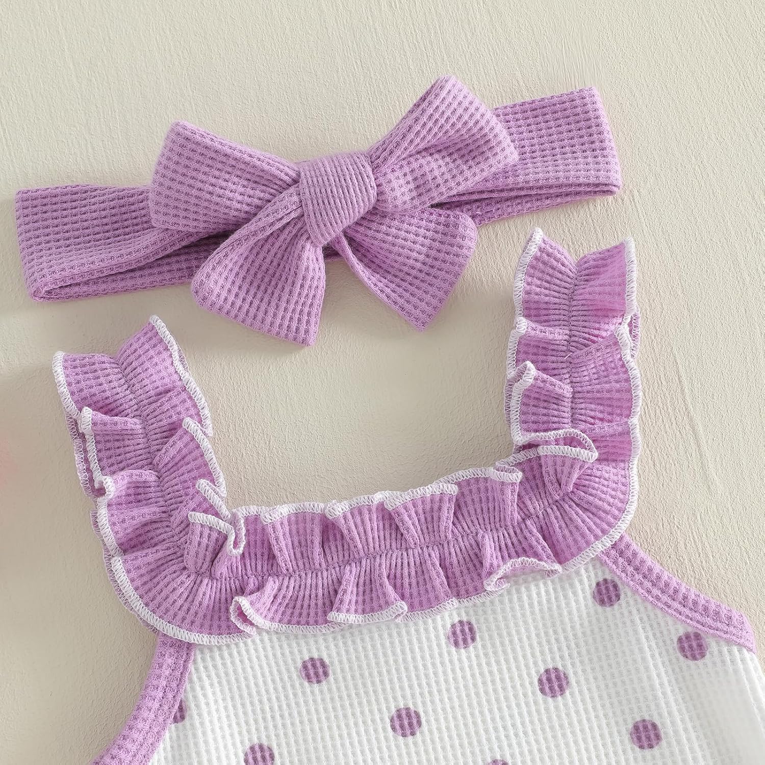 GOOCHEER Newborn Baby Girl Summer Outfit Dot Print Waffle Ruffle Sleeveless Tank Romper Bubble Shorts Infant 3Pcs Clothes Set - Image 4