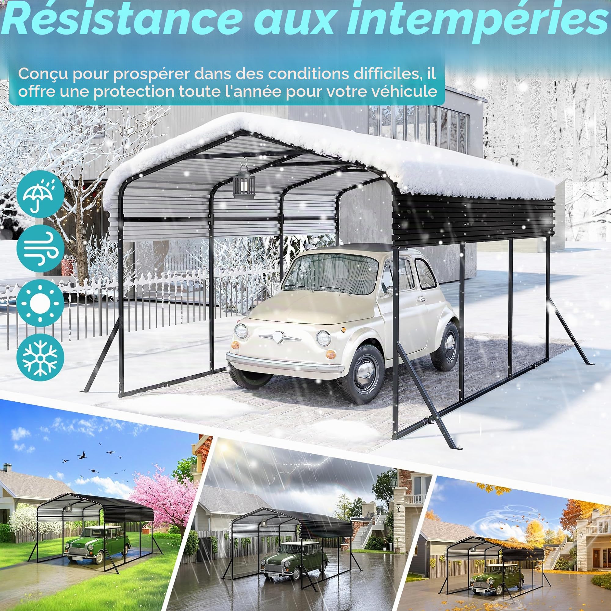 LZQ Garage-tente de voiture d'extérieur | Carport 10 x 15 pieds Noir | Abri de voiture-garage extérieur en métal | Ombre avec toit en métal galvanisé pour voitures et bateaux tente de bivouac