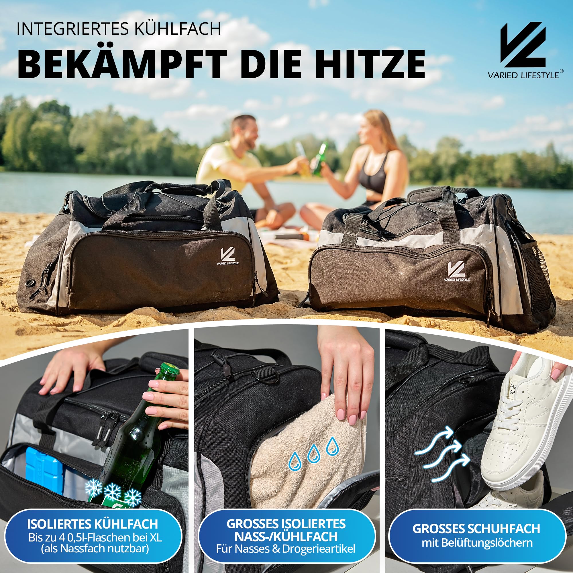 Borsa sportiva – Varianti (Parent), nero/argento, L, Borsa sportiva con scomparto per scarpe e scomparto umido e scomparto refrigerante