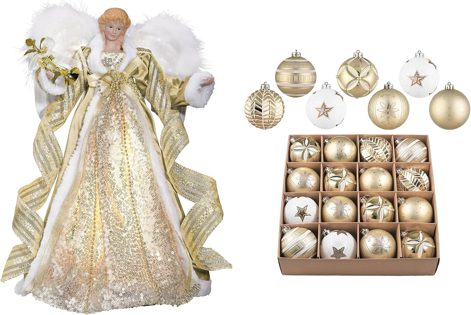 Valery Madelyn Lighted Christmas Angel Tree Topper with Timer&Christmas Tree Ornaments Set, 16ct White and Gold Shatterproof Christmas Tree Decorations(2 Items Buddle)