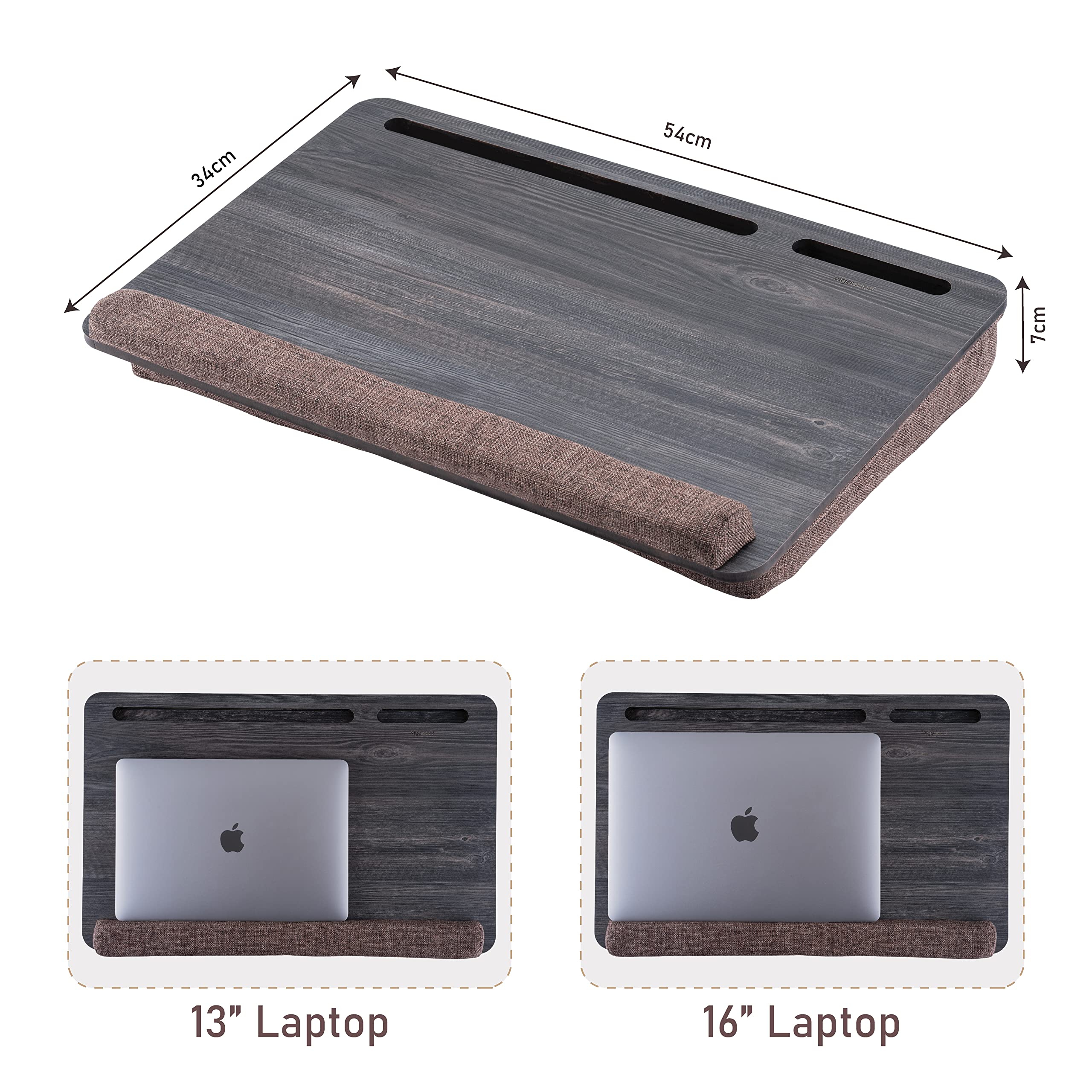 Vigo Wood Escritorio de Regazo XL de Madera con Cojín para Portátiles hasta 17,3'', con Soporte para Ratón, Tablet y Teléfono, Ideal para Cama y Sofá (Cambridge Y Marrón)