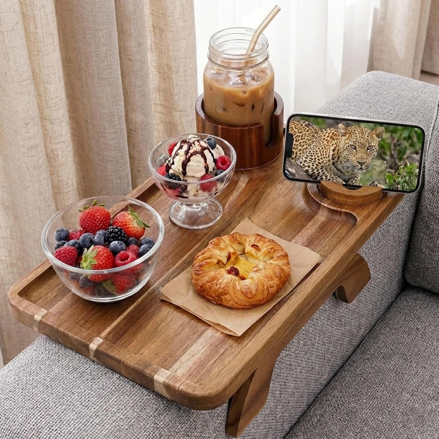 Set of 2 Acacia Wood Couch Cup Holder Trays 10.13” x 15.31” Sofa Armrest Table with Built in Cup Holder Snack Phone Remote Holder Fits Most Couch Arms