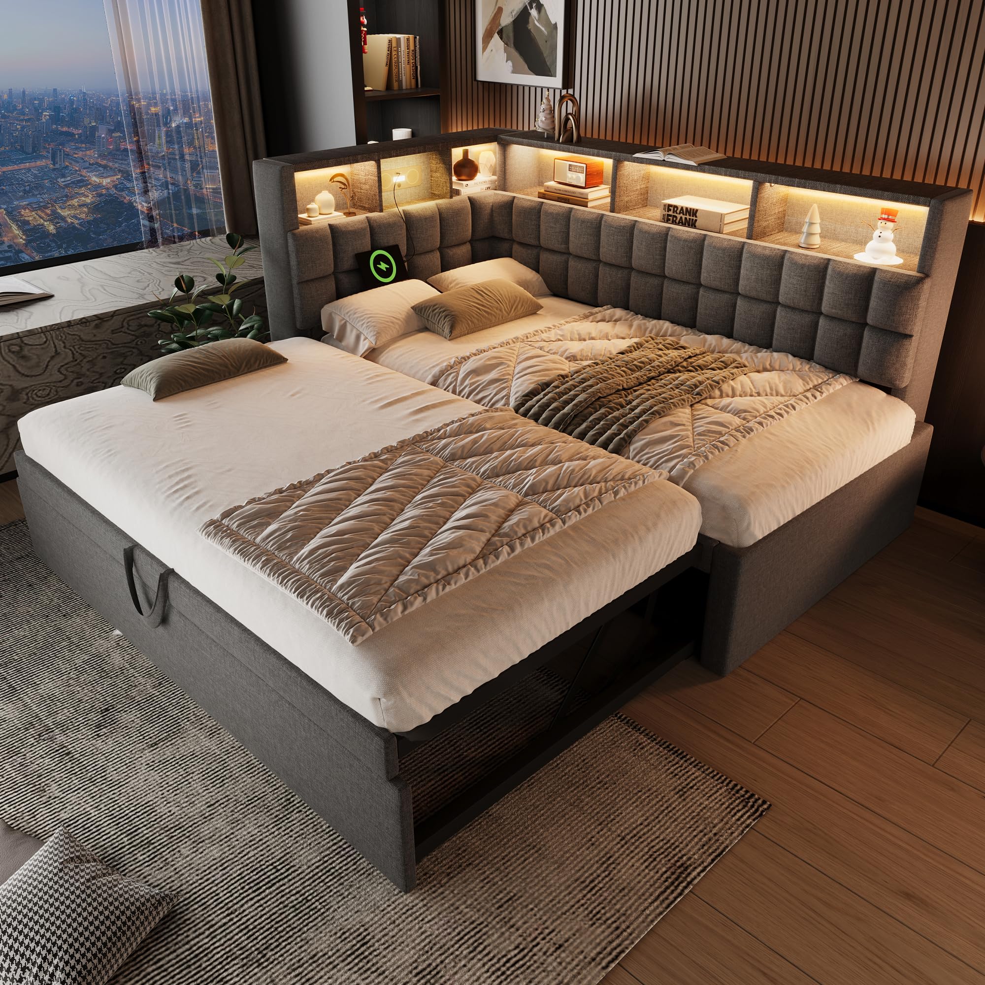 Cama tapizada de 90 x 200 cm, cama de día con cama nido, sofá cama con LED y puerto de carga USB y tipo C, altavoz Bluetooth, cabecero en L con estante de almacenamiento, lino, sin colchón (gris