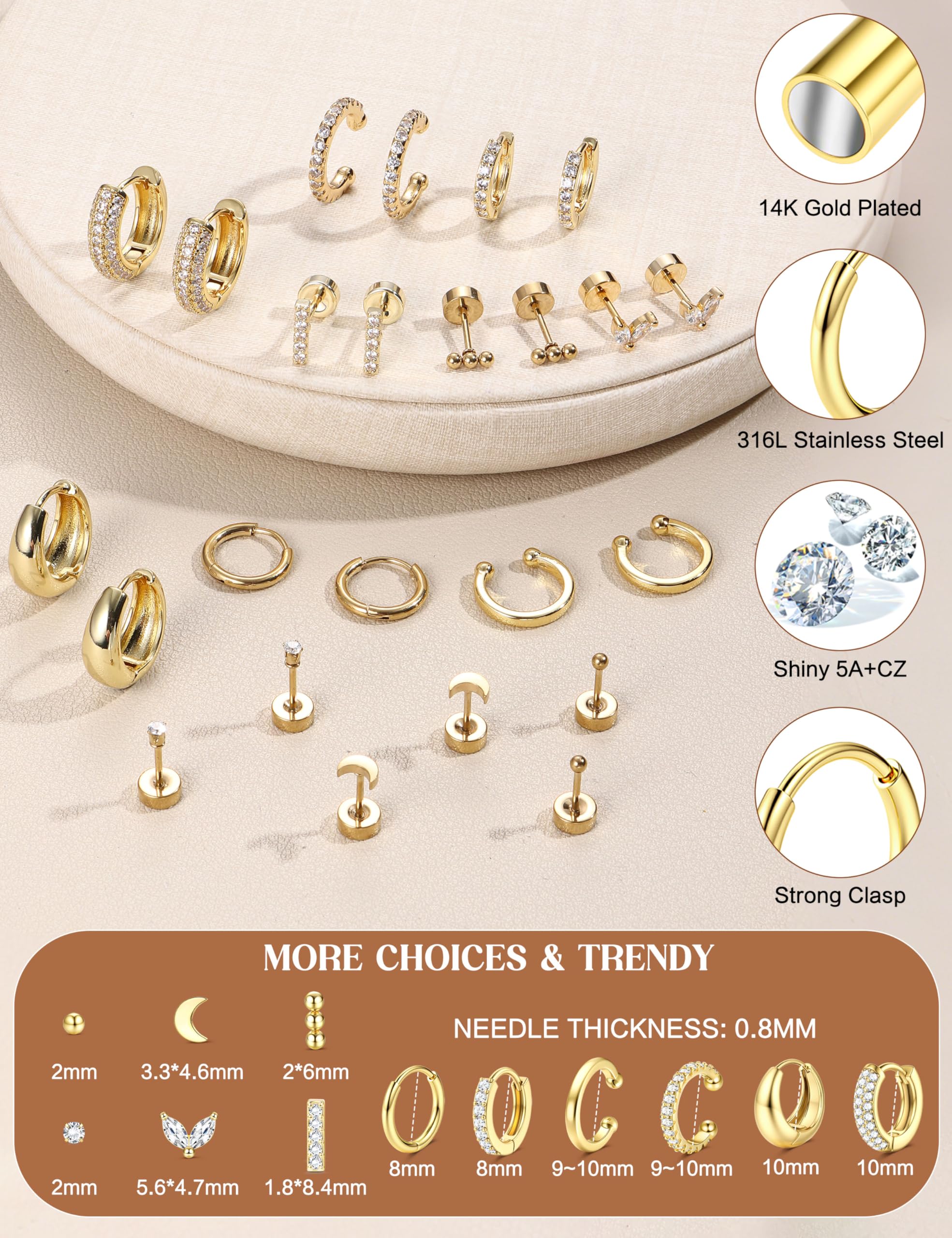MILACOLATO Orecchini Acciaio Chirurgico Donna Oro Argento Orecchini Anallergici Cerchio Helix Piercing Trago Set Gioielli Donna Placcati Oro 14K per Piercing Multipli