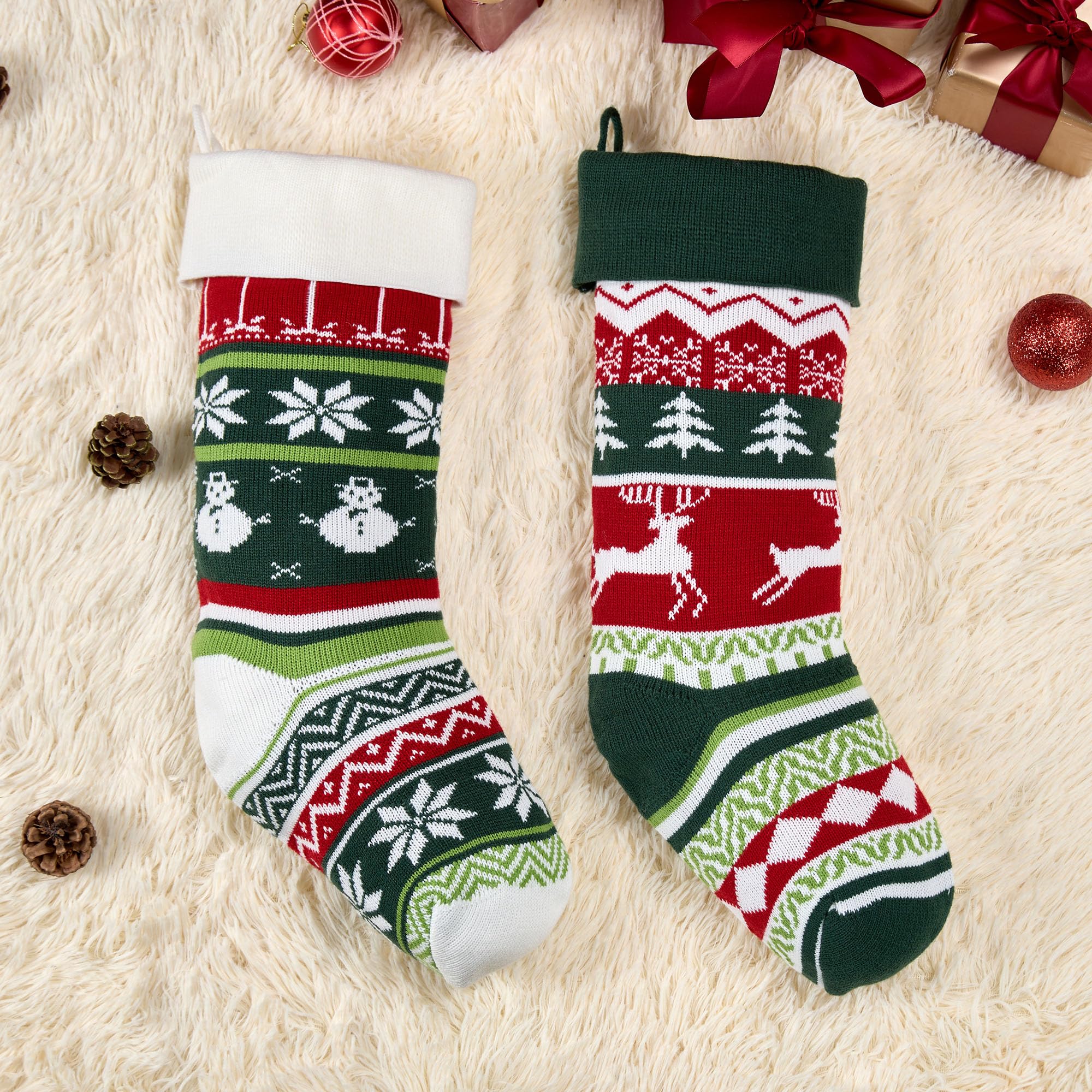 Mostop Confezione da 4 calze natalizie a maglia, 45,7 cm, a treccia, renna, fiocco di neve, pupazzo di neve, calze natalizie con 20 supporti a stella per Natale, vacanze, feste di Natale, decorazioni