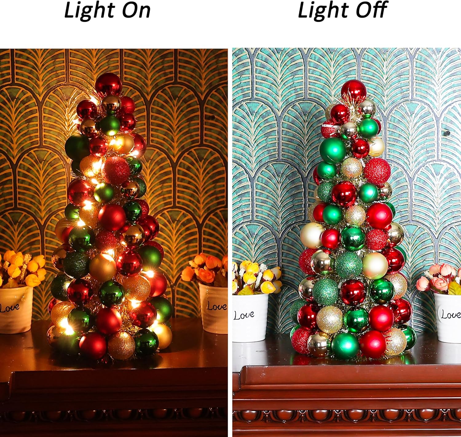Amooca 16in Christmas Ball Tree with LED Lights Table Centerpiece Fireplace Decor Indoor Holiday Party Home Decoration Red Gold Green