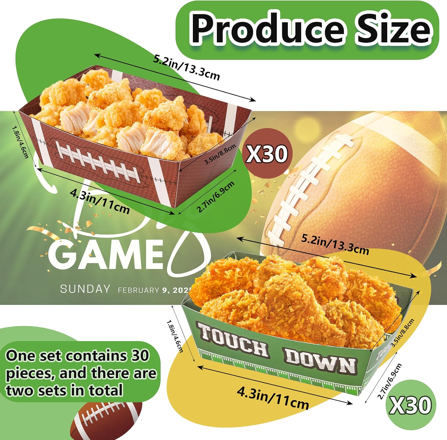 60 Pcs Football paper food trays disposable 2 Styles Sports party decorations Football serving boats snack tray for Sports Themed Birthday Party Decorations Supplies