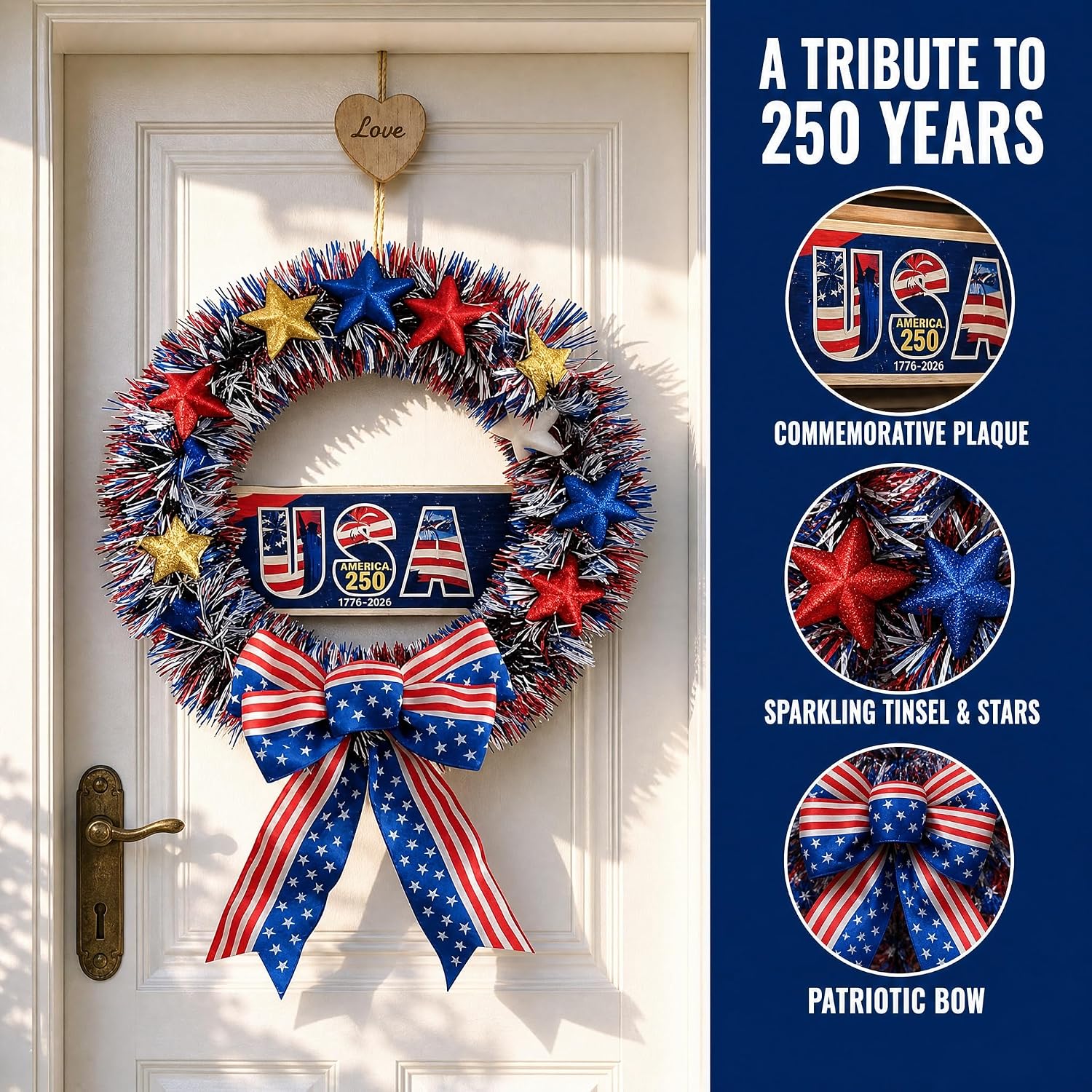 July 4th 250th Anniversary Patriotic Decor Set – 1776-2026 USA Wreath, 12 Handheld Flags,15-Inch Bunting Banner for Independence Day Memorial Day Veterans Day Indoor Outdoor Home Party