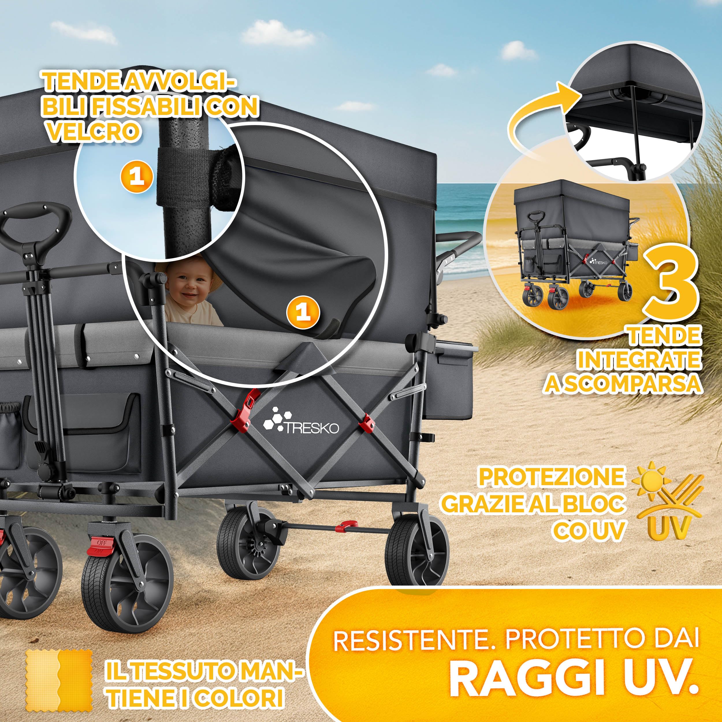 TRESKO® Carrello pieghevole con tetto, vano frigorifero e tapparelle laterali, portata massima fino a 150 kg, carrello di trasporto con pneumatici in gomma e freni di stazionamento