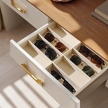 منظم النظارات الشمسية وصينية العرض Pickpiff Drawer: 1 قطعة 8 شبكات حافظة نظارات مخملية خالية من الخدش (13.8x9.4x1.6 بوصة) - صندوق حامل تخزين النظارات باللون البيج الناعم للرجال والنساء