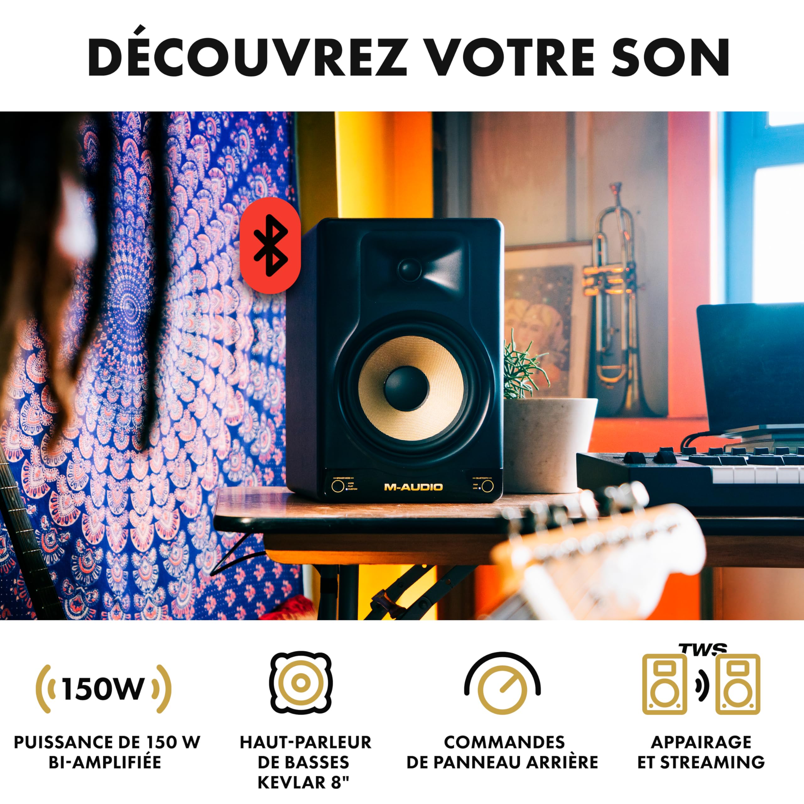 M-AUDIO Forty Eighty - Enceinte de Monitoring 8" de Studio pour Produire et Mixer avec Transition DSP, Égaliseur, Appli de Contrôle et Bluetooth, 150W