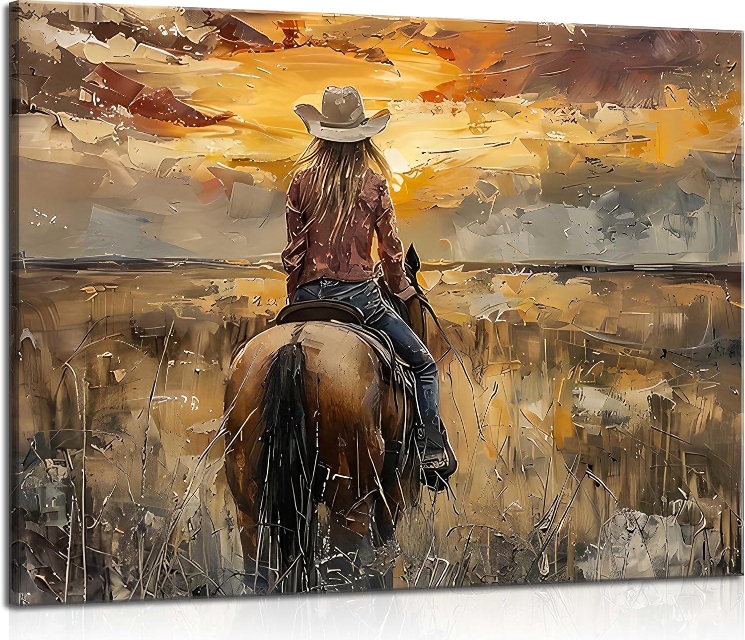 Western Cowgirl Riding Horse Canvas Wall Art Western Girl Room Oil Posters Pictures Sunset Countryside Landscape Painting Wall Decor Vintage Cowgirl Painting for bedroom country Framed