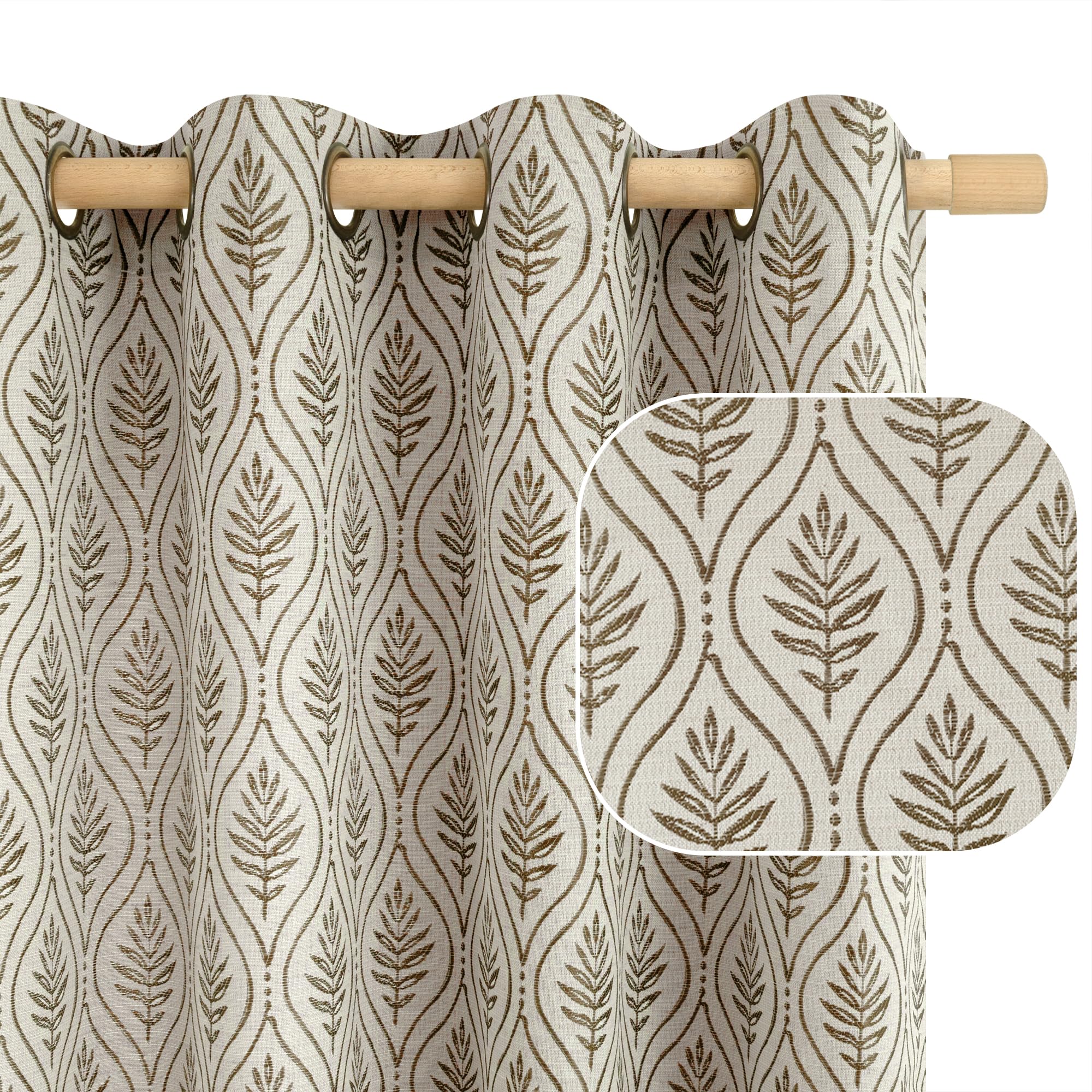 BGment Brown Cottage Core Curtains for Living Room, French Country Leaf Jacquard Botanical Pattern Boho Vintage Grommet Window Decor Semi Sheer Linen Curtains, 2 Panels, 52 x 90 Inch