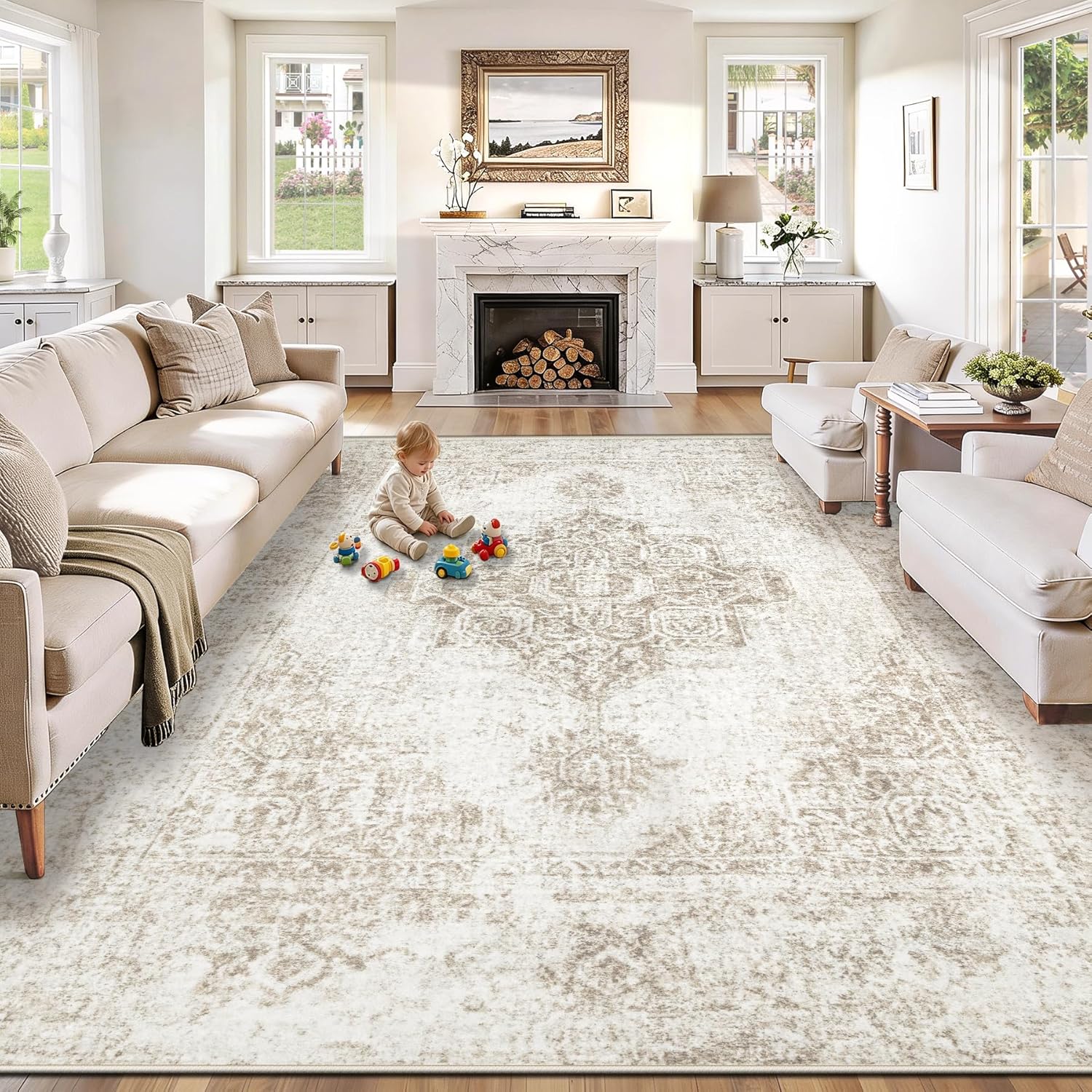 Tapete Boho Lavable Antideslizante 8x10 pies Beige miniatura 1